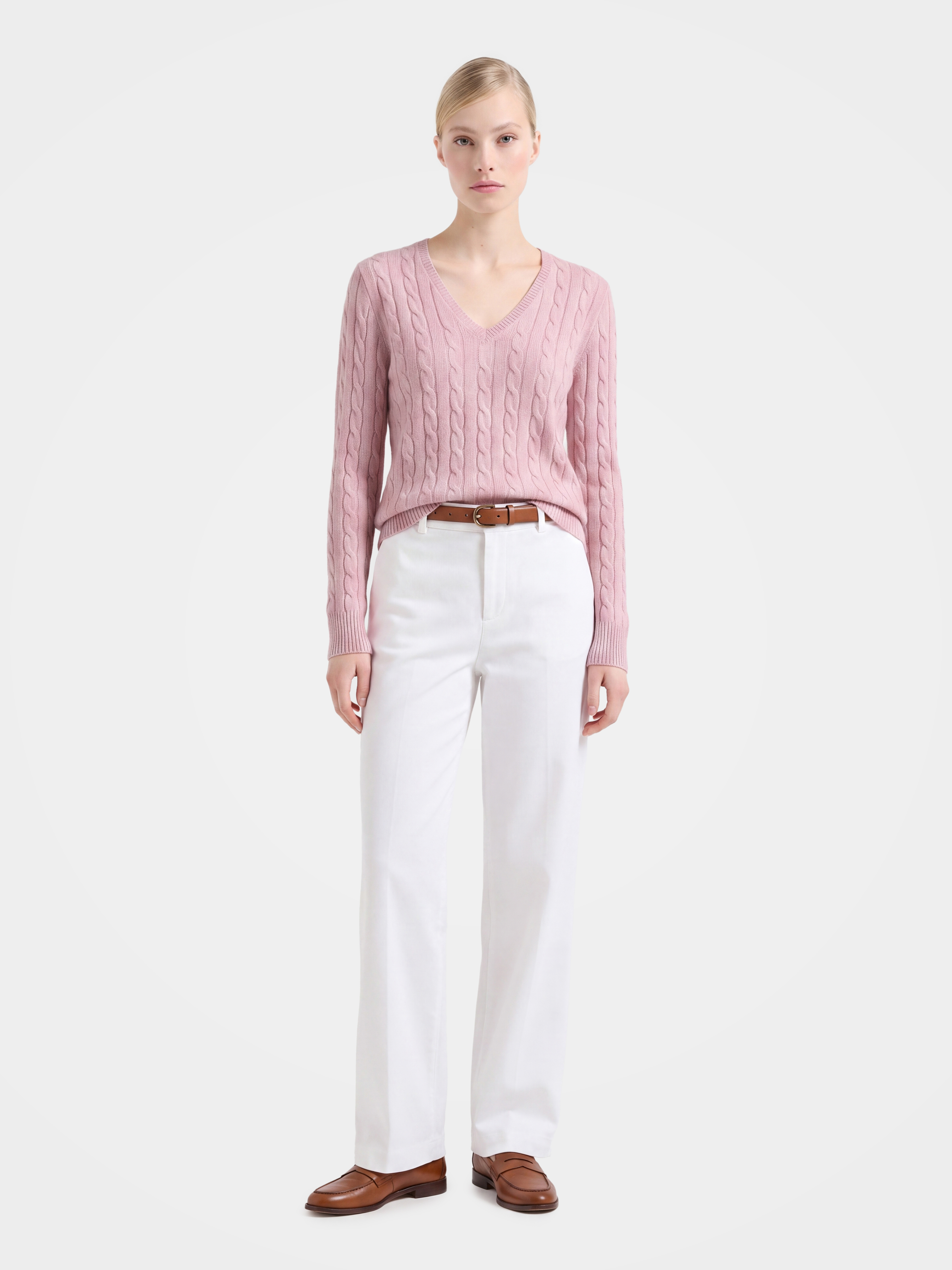 100% Mongolian Cashmere Classic Cable Knit V-Neck Sweater