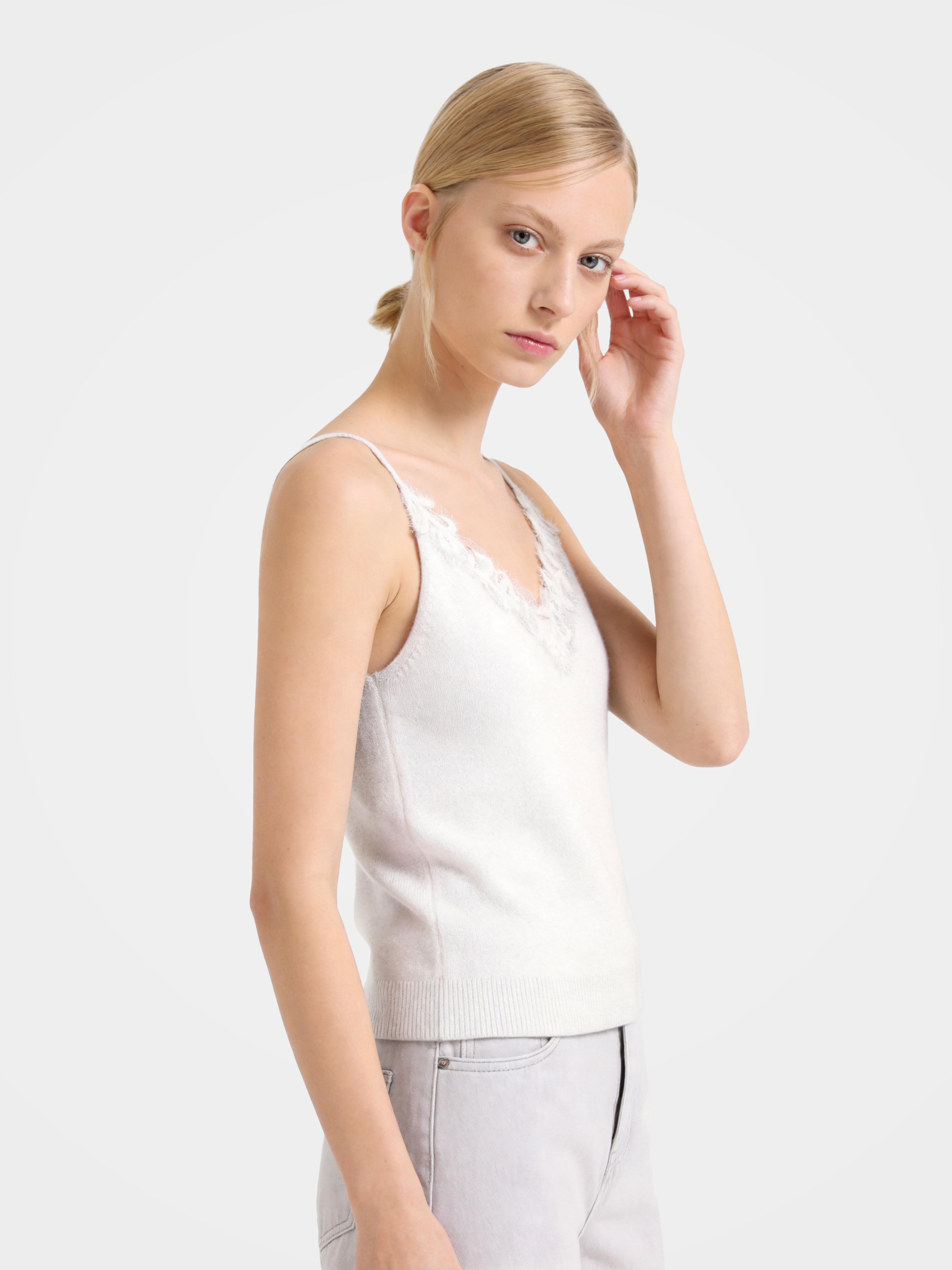Lightweight 100% Mongolian Cashmere Lace-Trim Cami