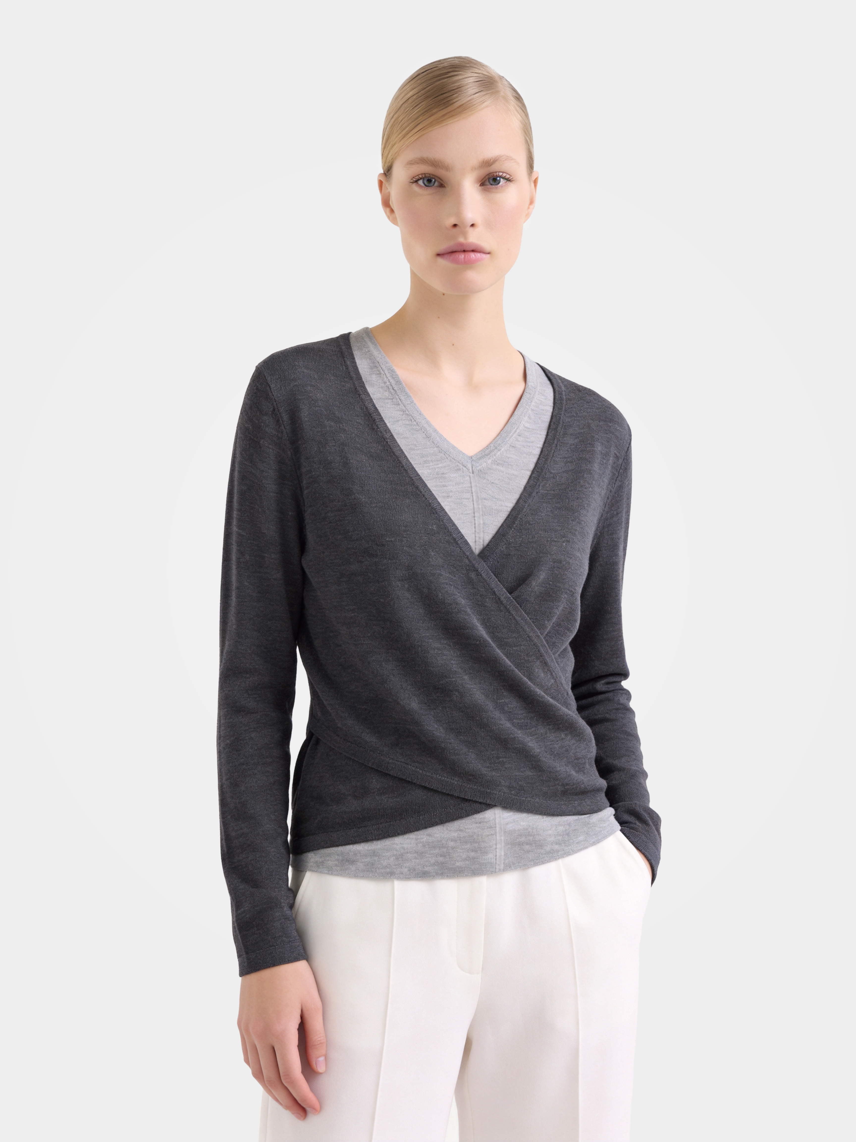 Lightweight Wool Faux Wrap Draped Layering Knit Sweater