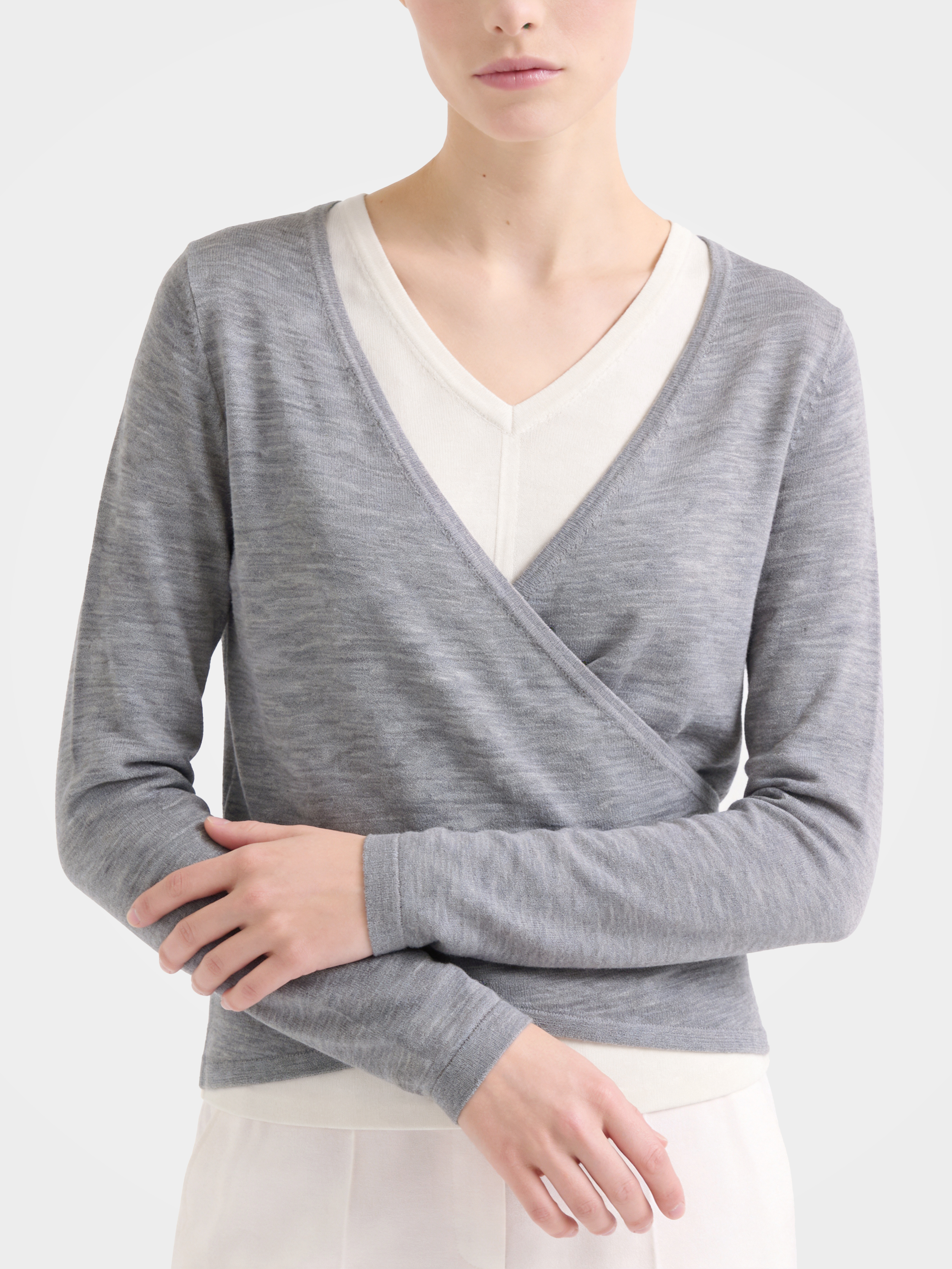 Lightweight Wool Faux Wrap Draped Layering Knit Sweater