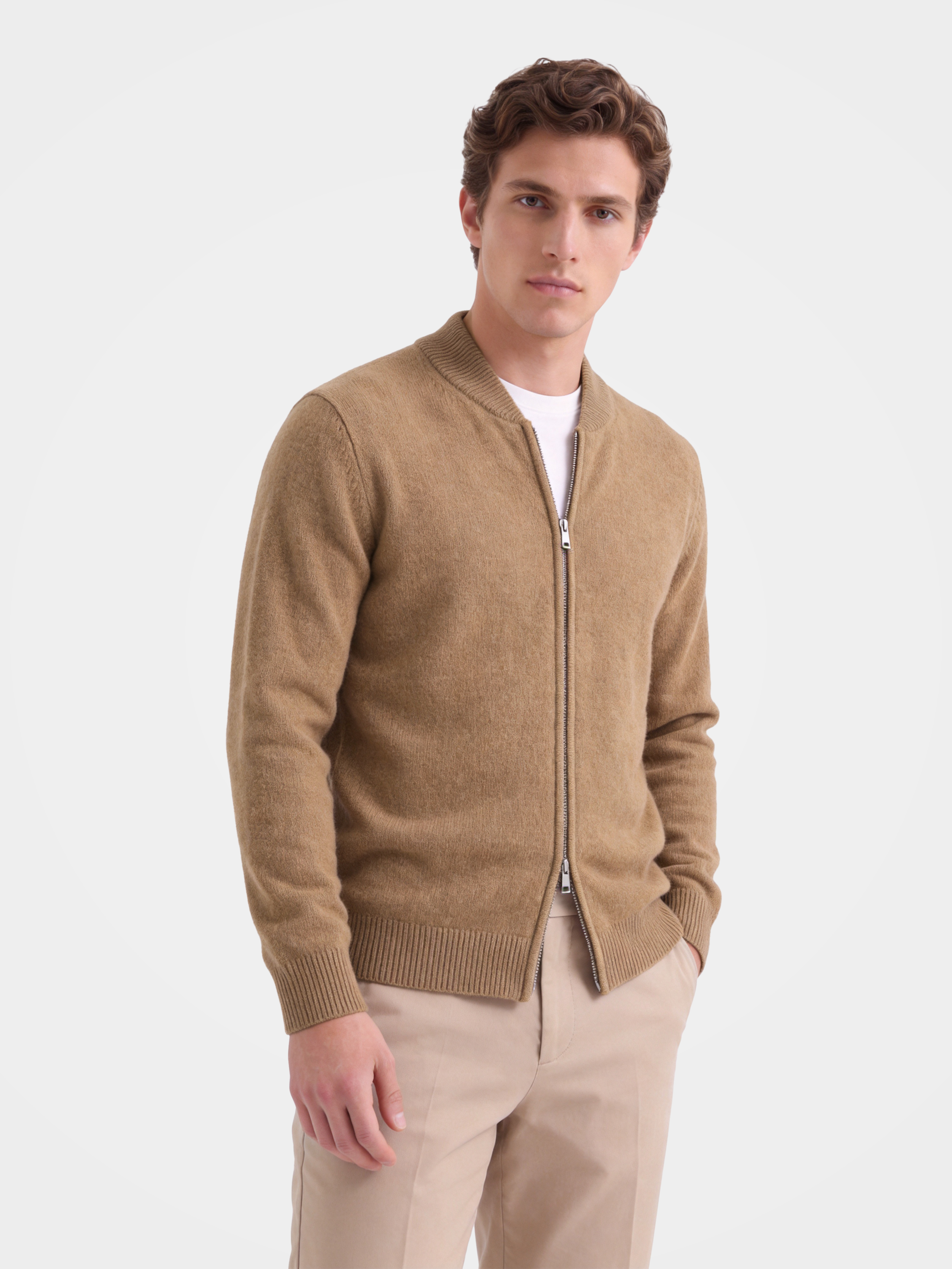 Men's 100% Cashmere Baseball Collar Textured Zip Cardigan - Luxury Knit Sweater