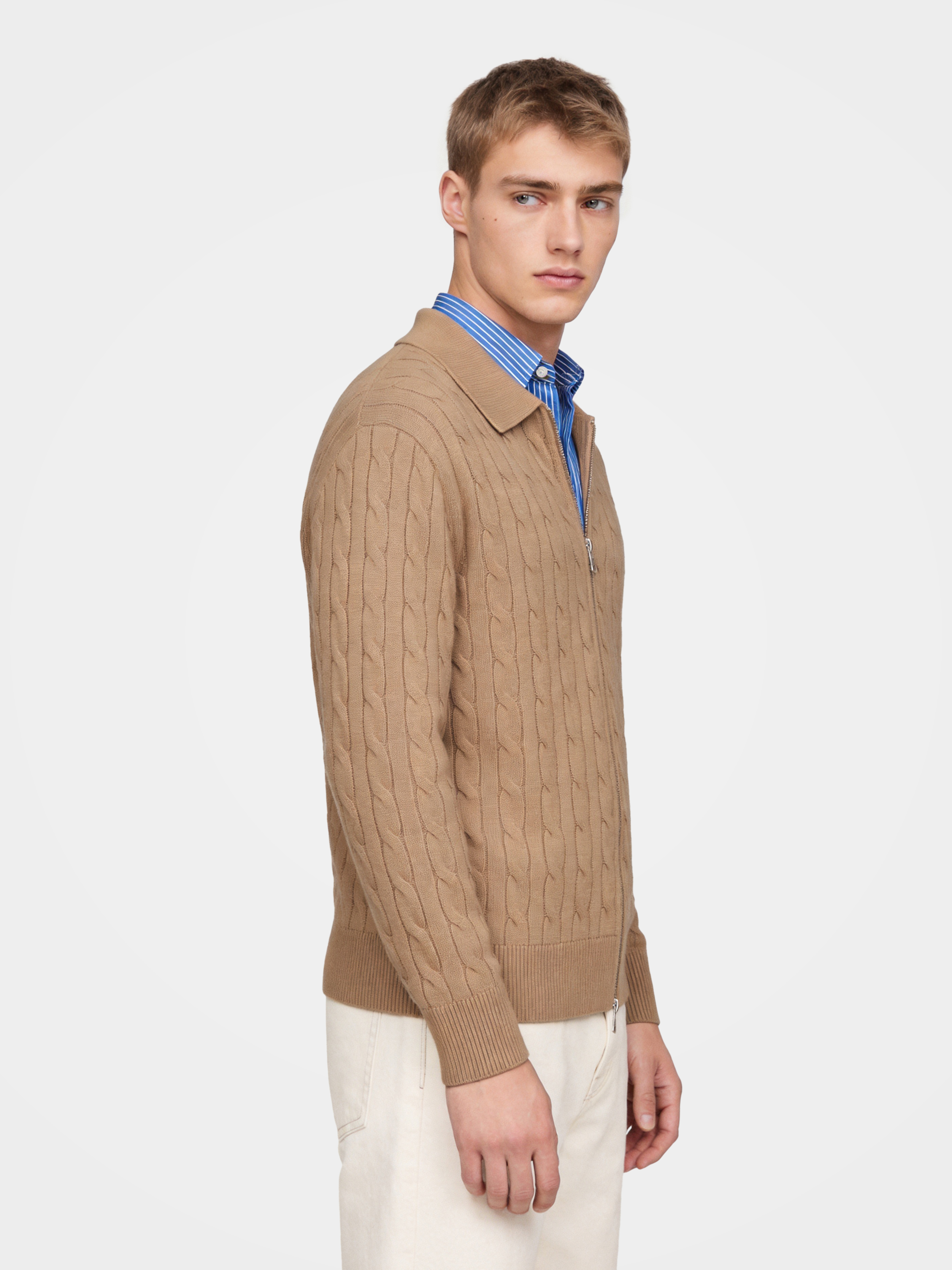 Men's 100% Cashmere Collared Zip Cable Knit Cardigan