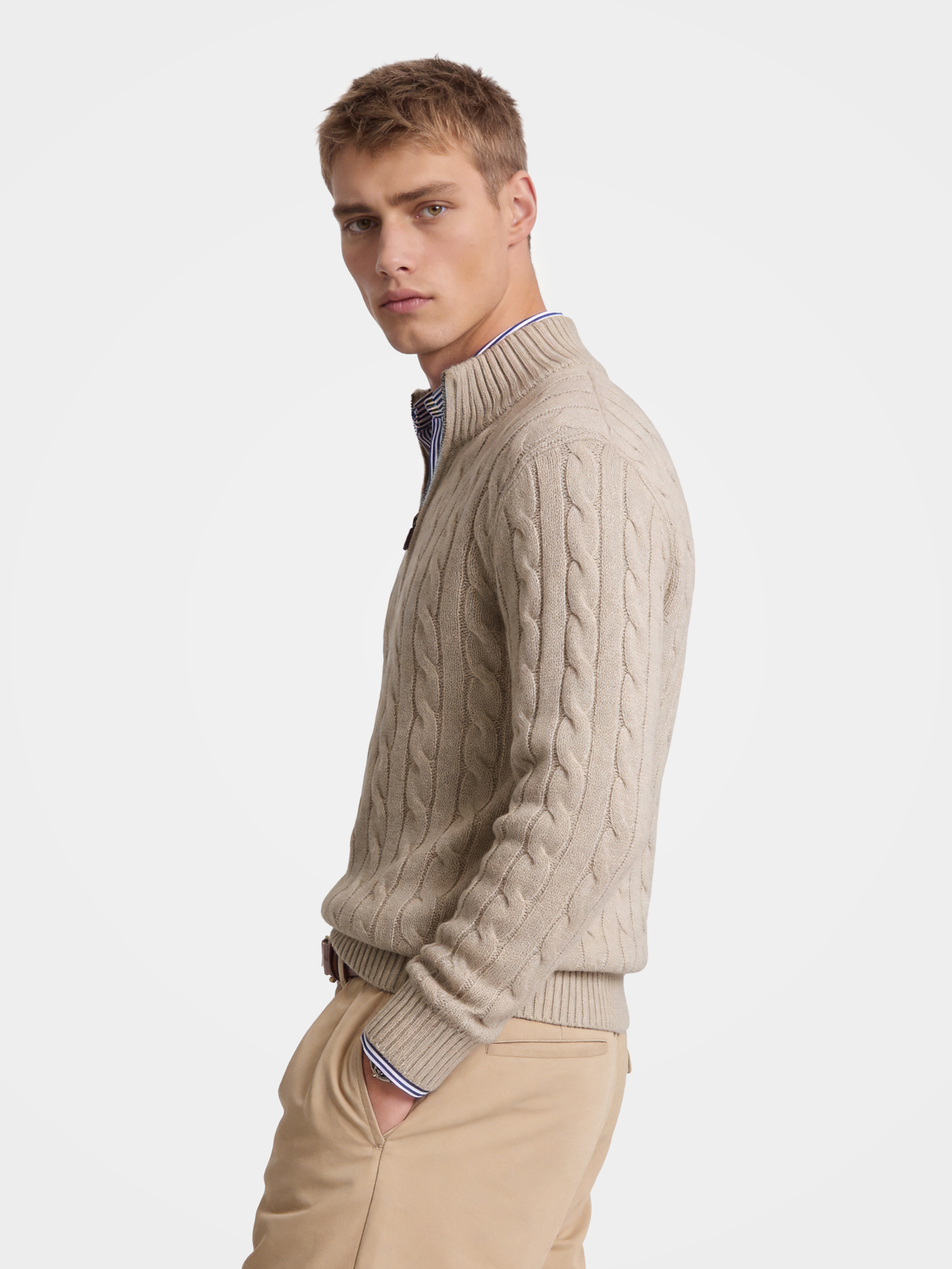 Men's 100% Cashmere Cable Knit Mock Neck Quarter-Zip Sweater
