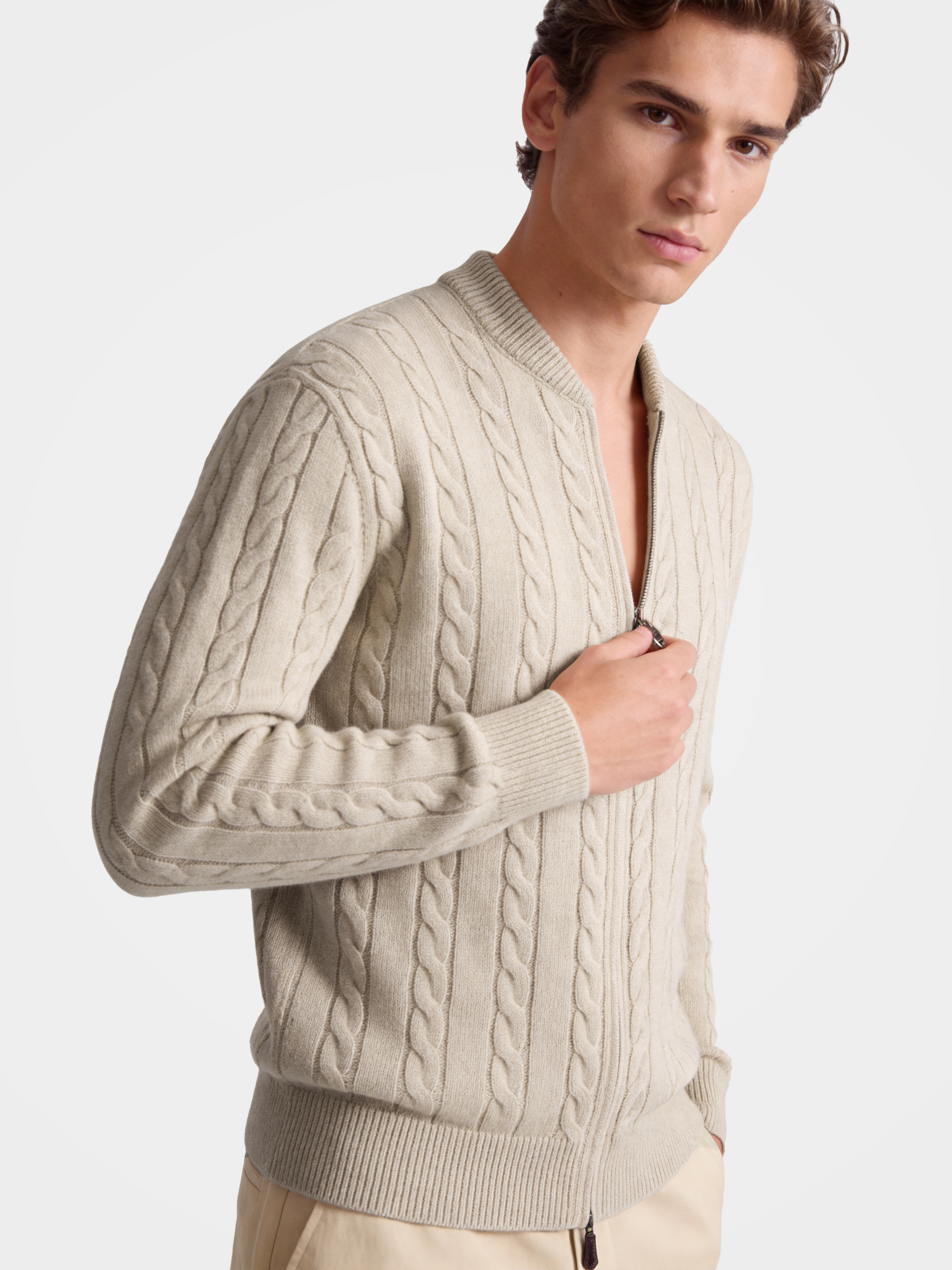 Men's 100% Cashmere Baseball Collar Zip Cable Knit Cardigan