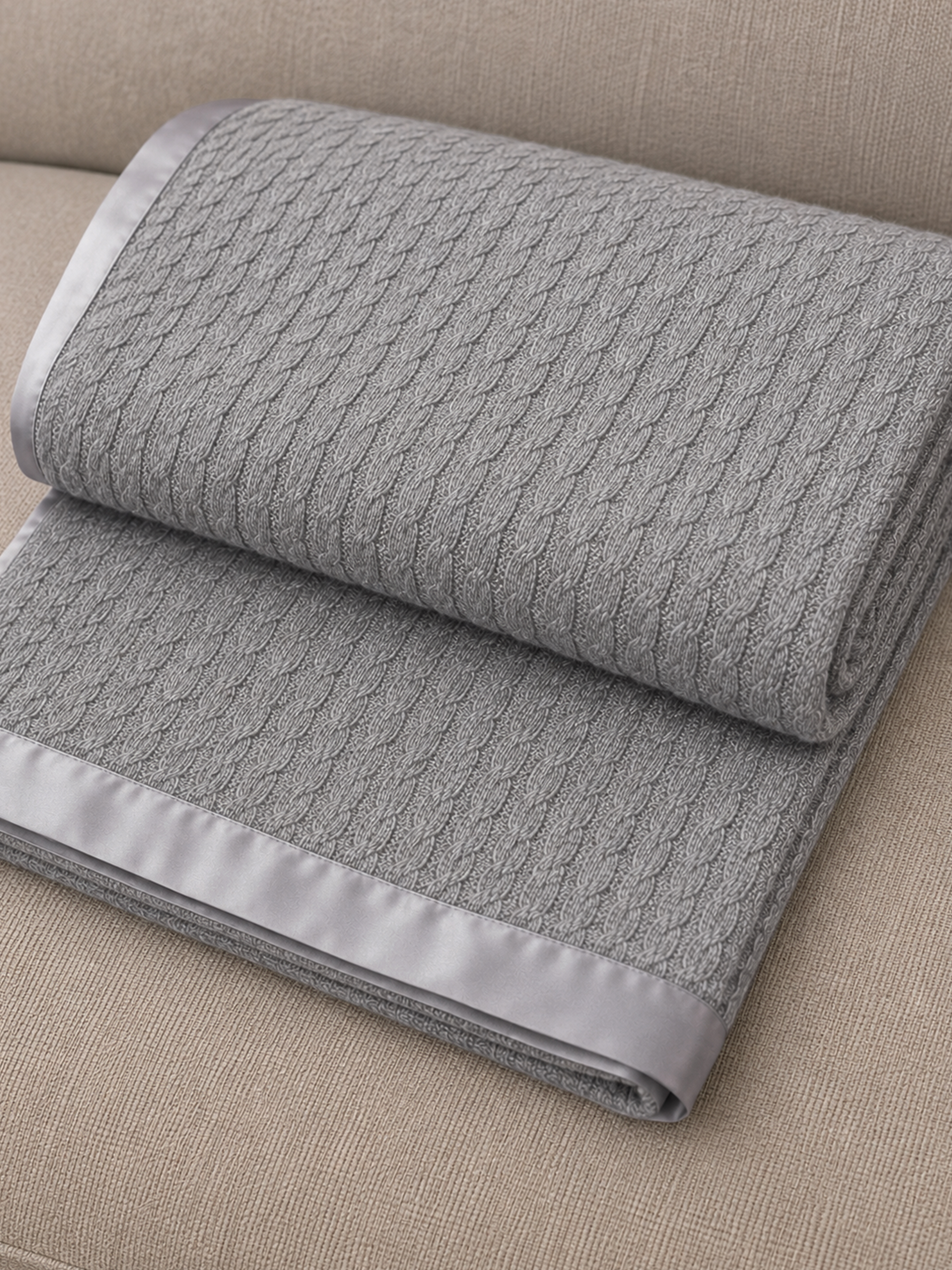 100% Cashmere Cable Knit Blanket with Satin Border