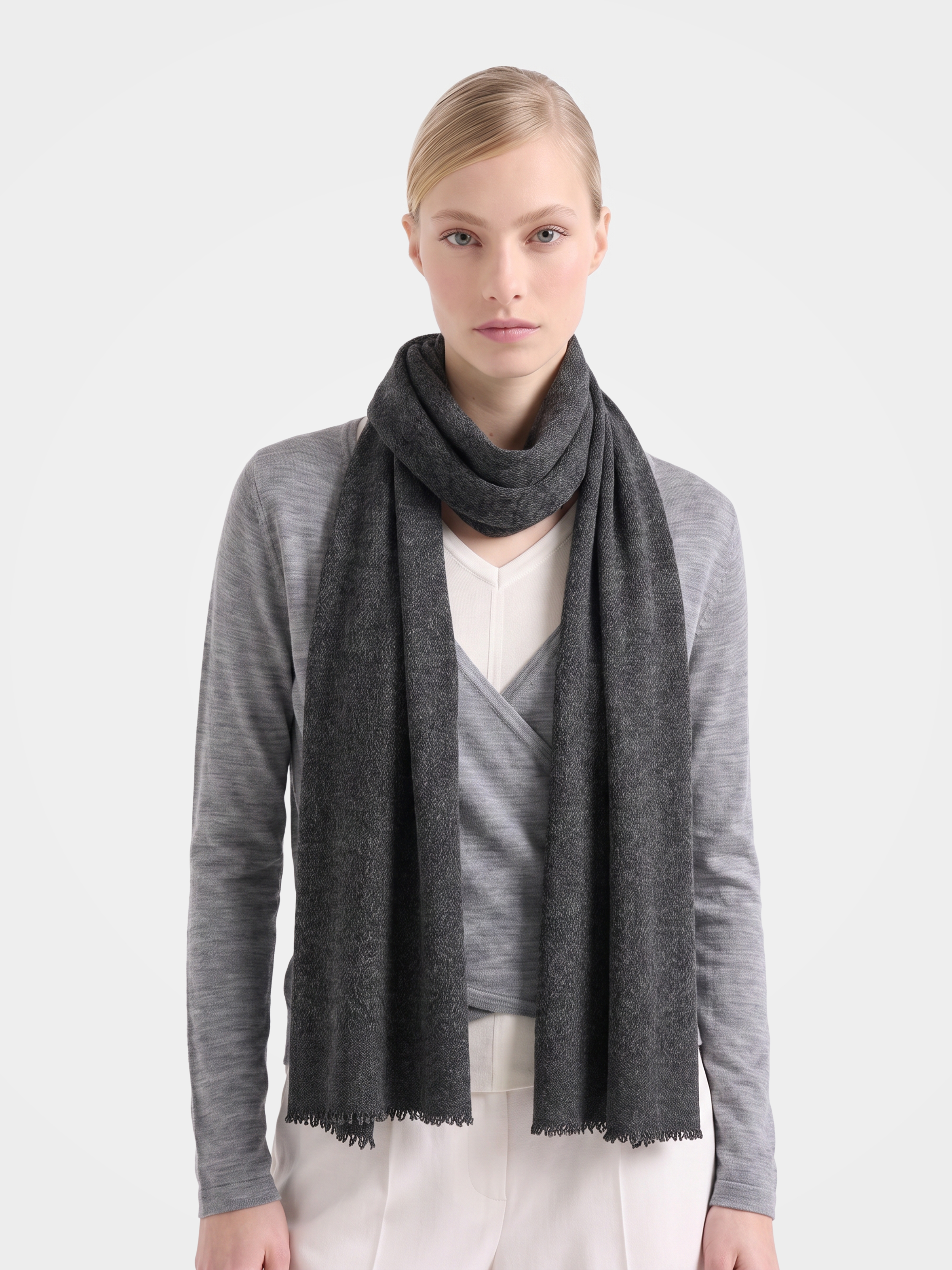 100% Cashmere Textured Plain Fringe Long Scarf