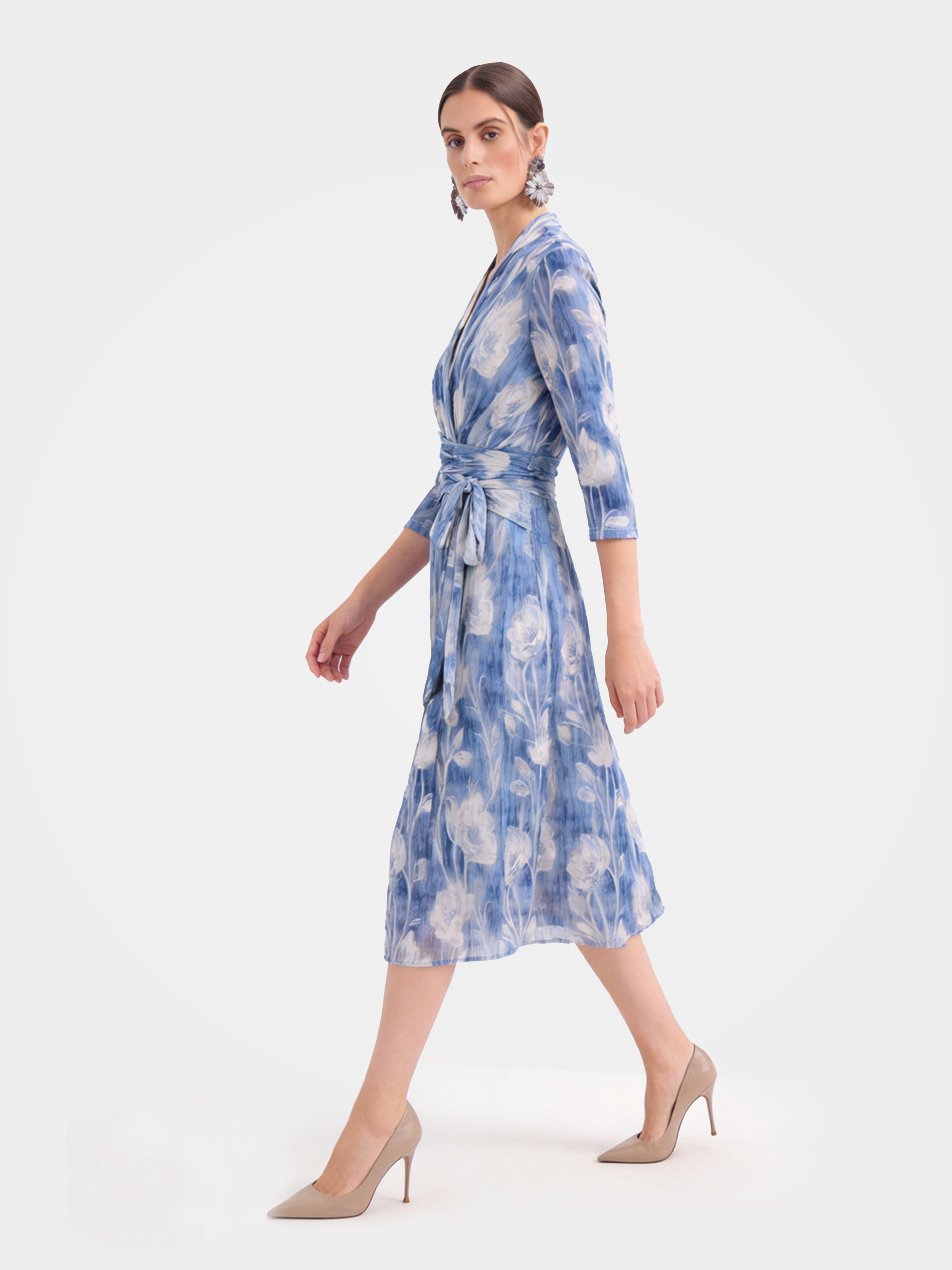 100% Mulberry Silk Floral Print Midi Dress
