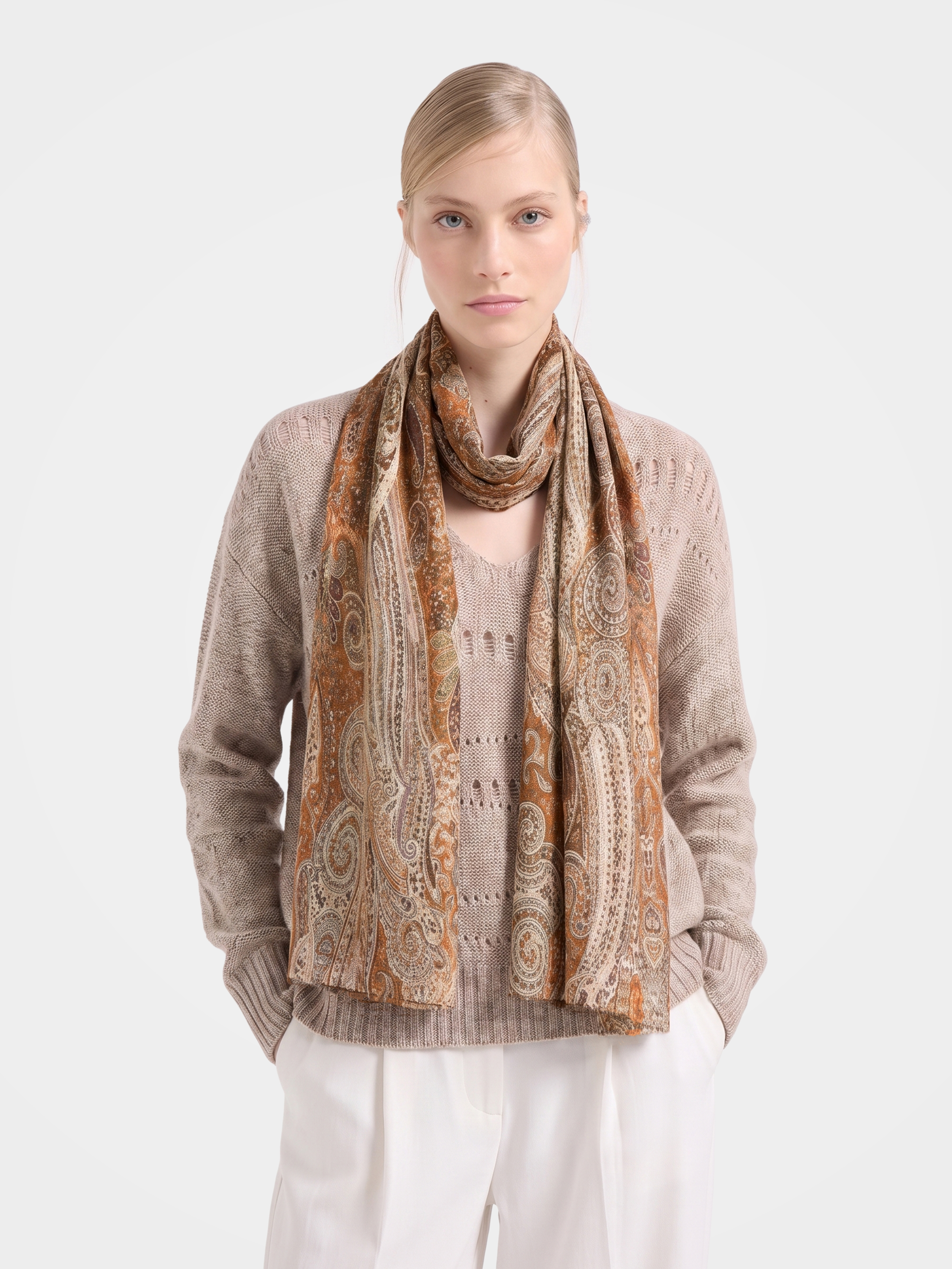 100% Cashmere Textured Paisley Fringe Long Scarf
