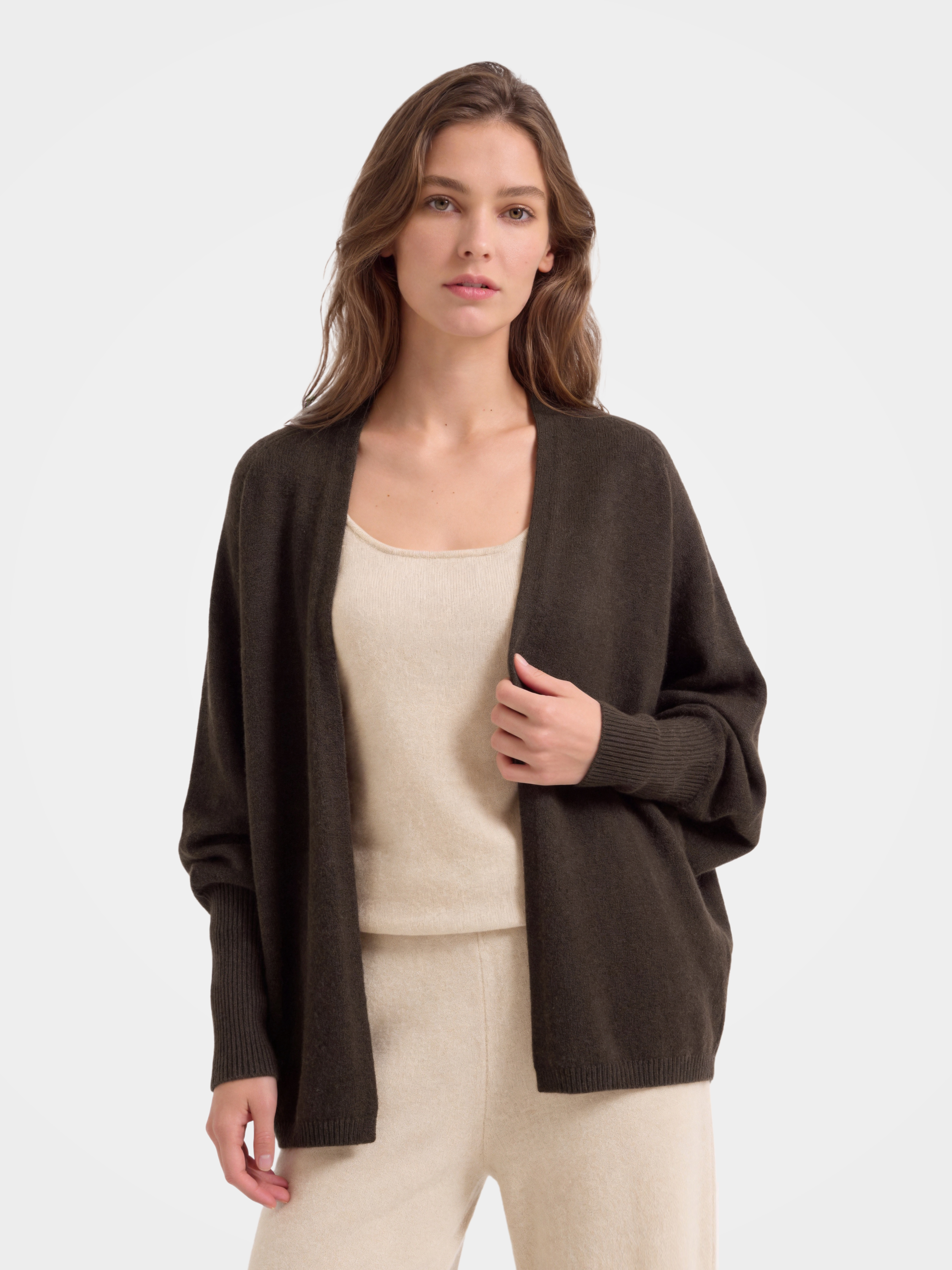 100% Cashmere Collarless Soft Dolman Sleeve Knit Cardigan