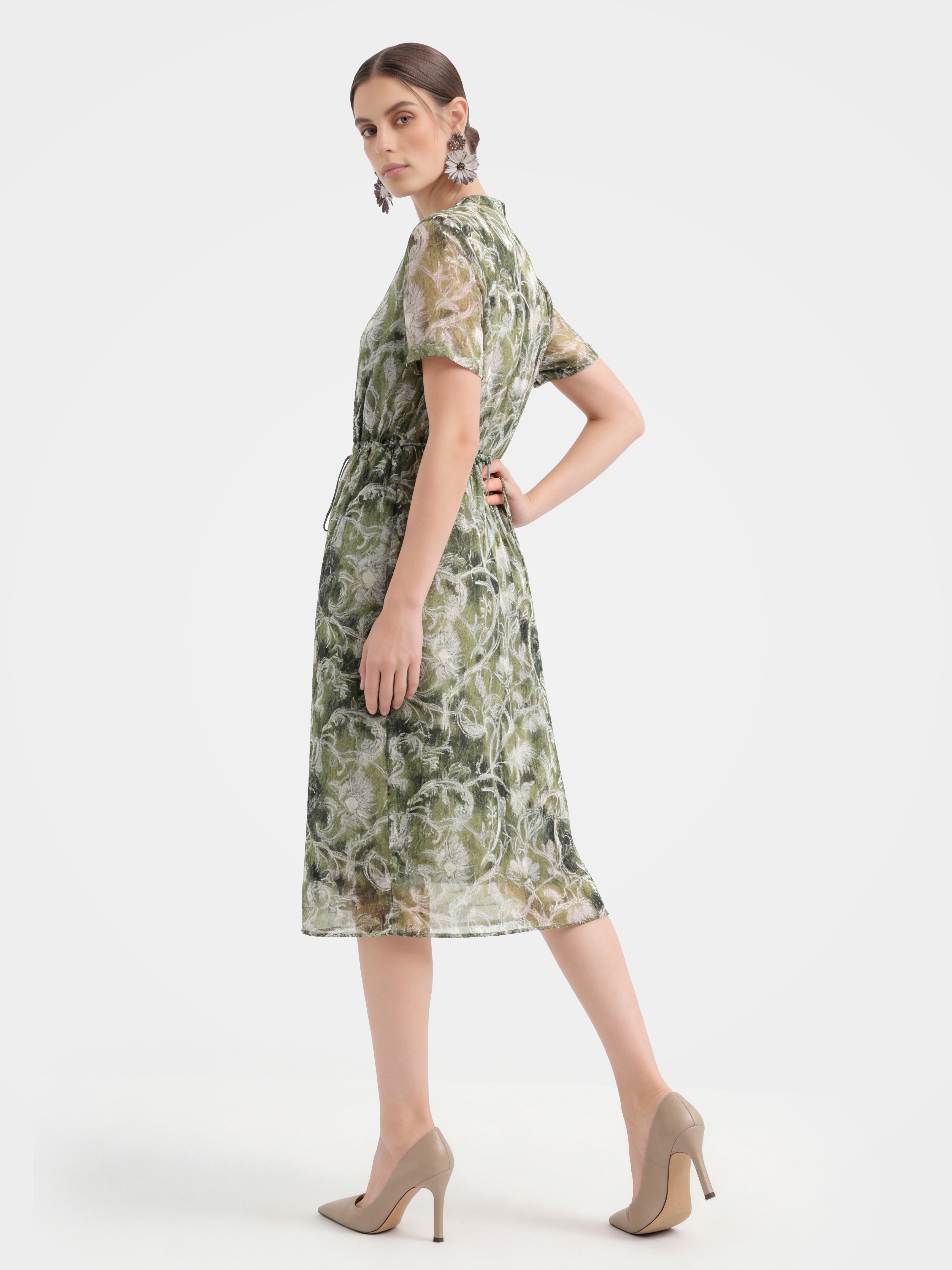 Lightweight Mulberry Silk Drawstring Floral Midi Dress