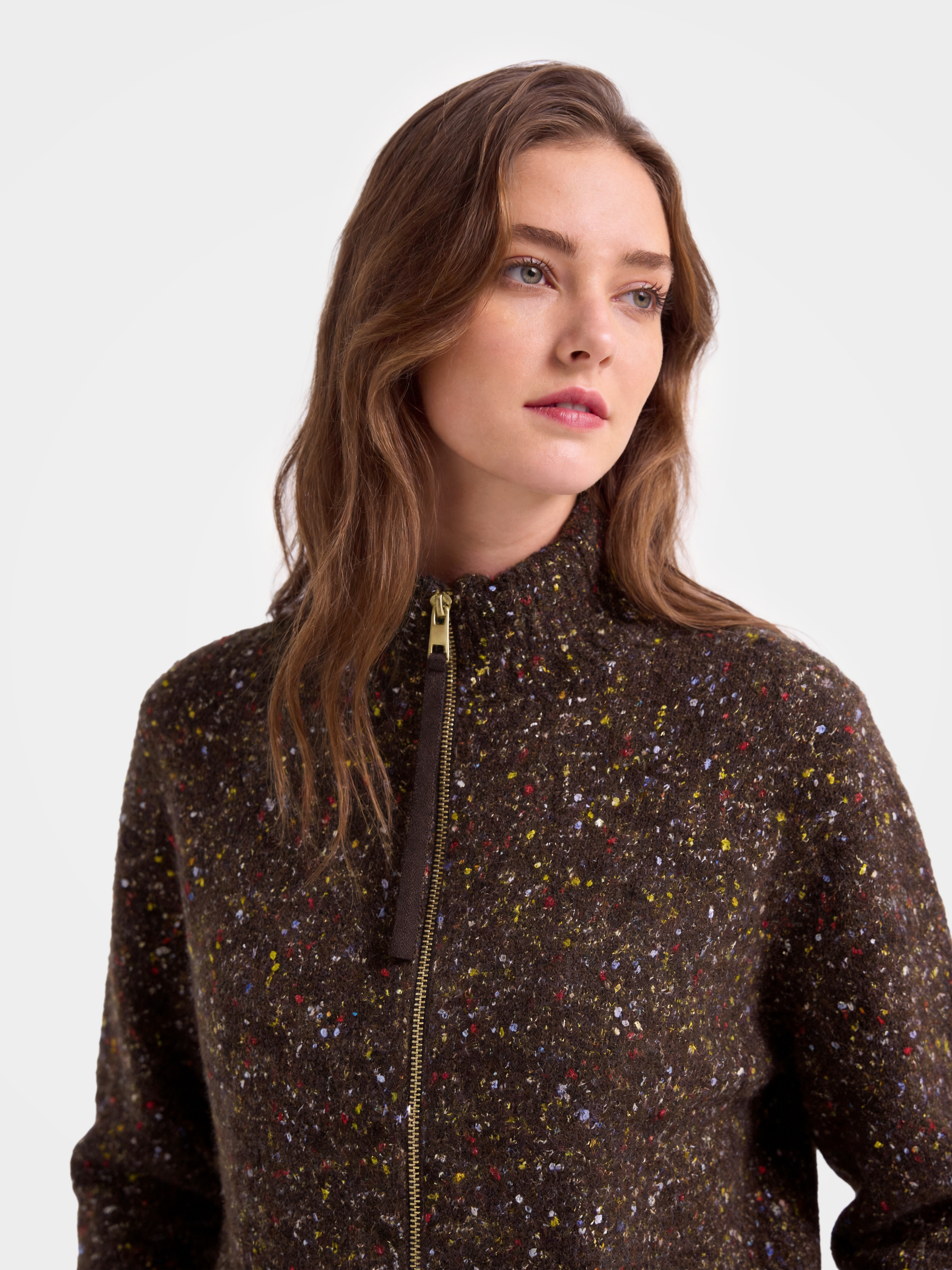 Cashmere Turtleneck Soft Shimmer Zip up Knit Cardigan