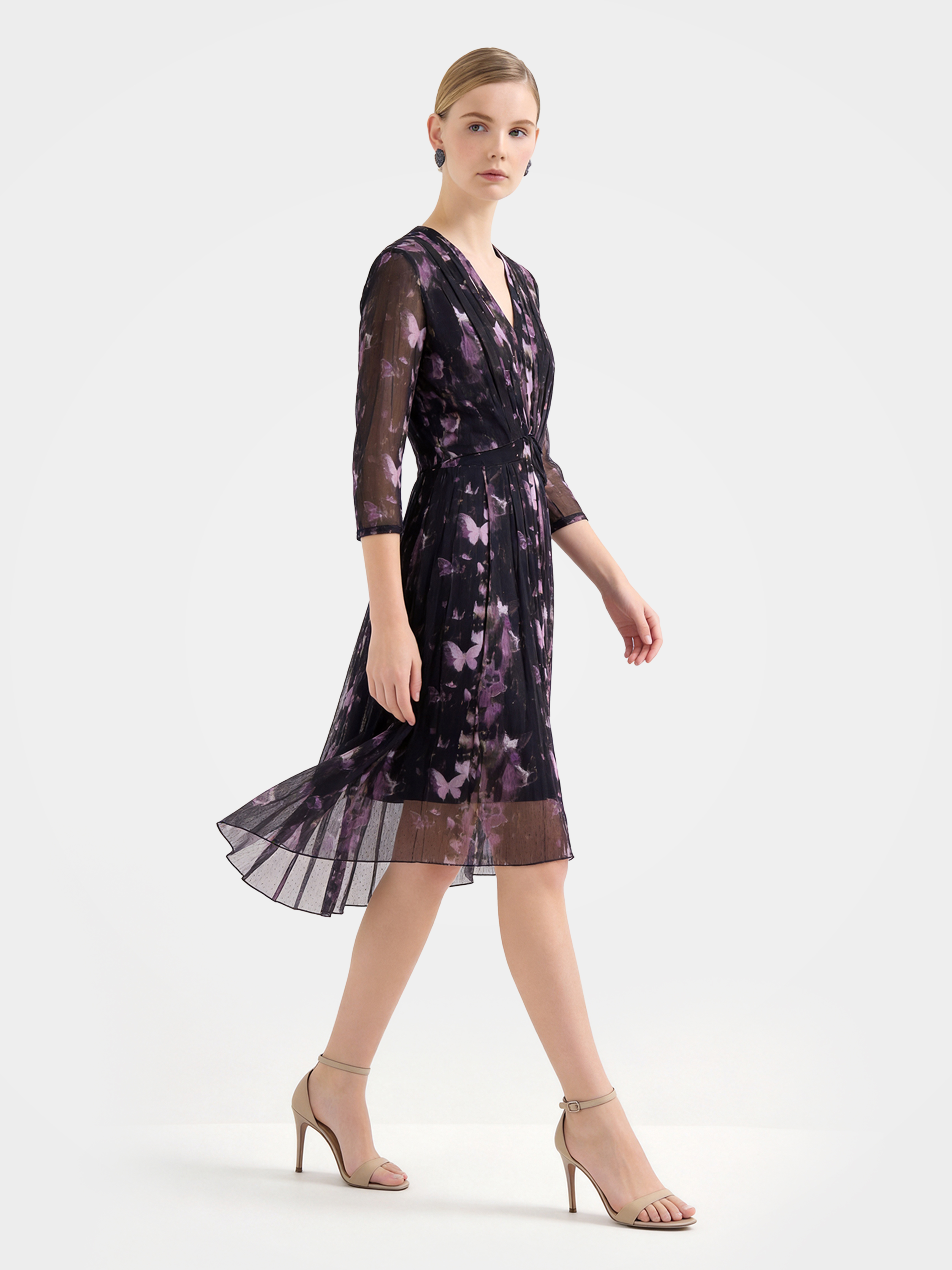 Sheer Printed Mulberry Silk Midi-Length Dress