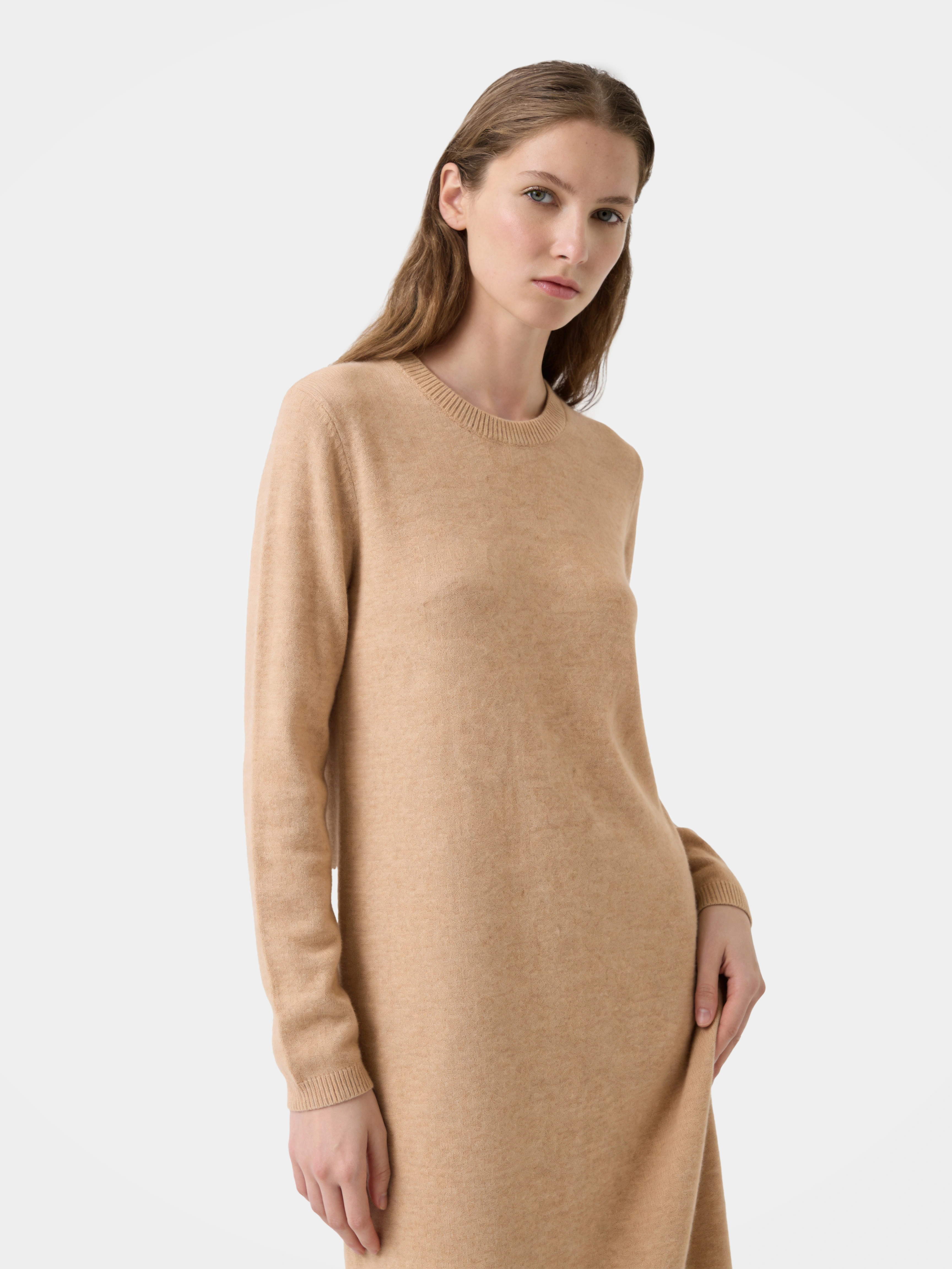 100% Cashmere Long Sleeve Crew Neck Midi Sweater Dress