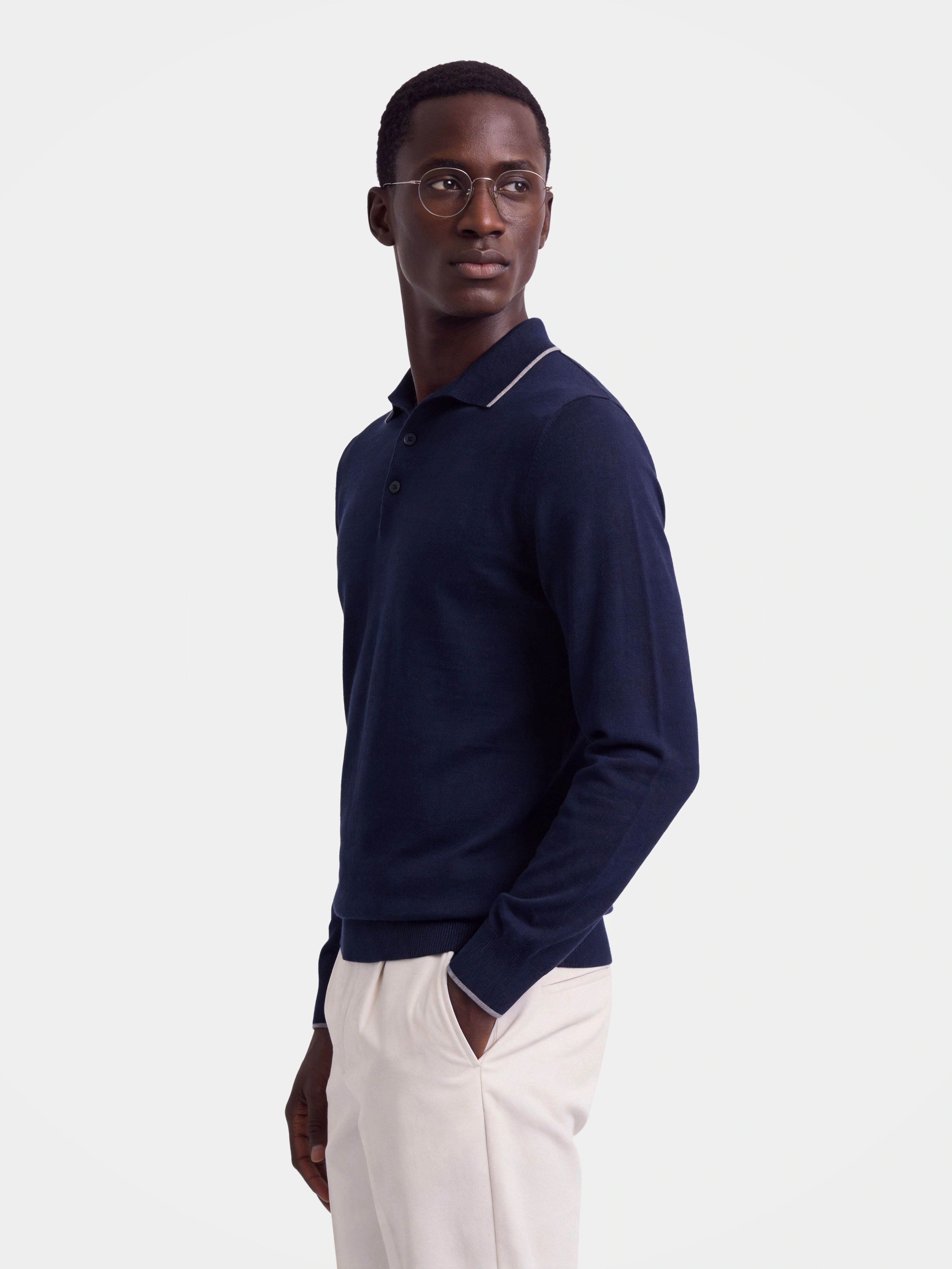 Men's Lightweight 100% Wool Long Sleeve Fine-Knit Polo