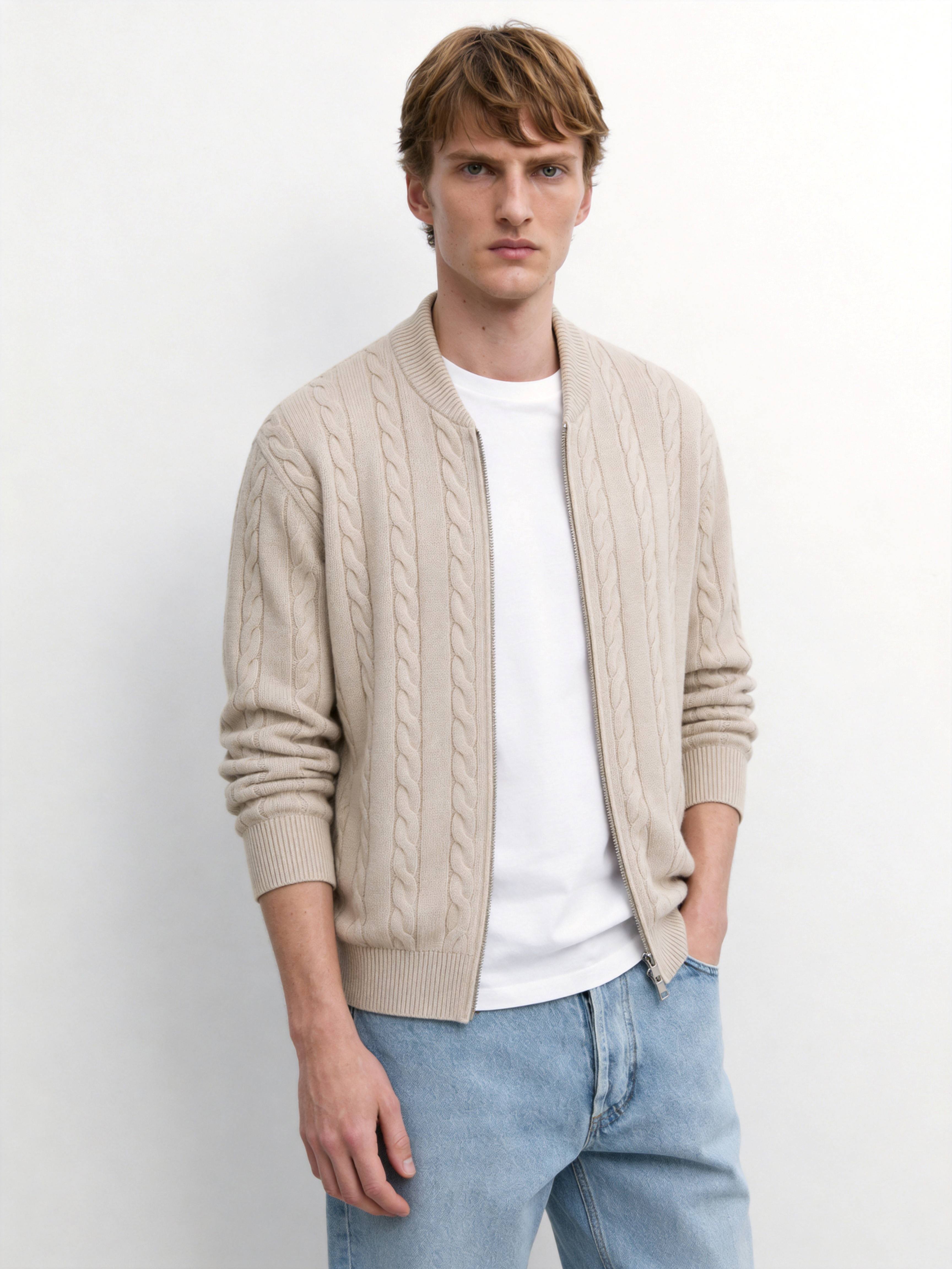 Men's 100% Cashmere Baseball Collar Zip Cable Knit Cardigan