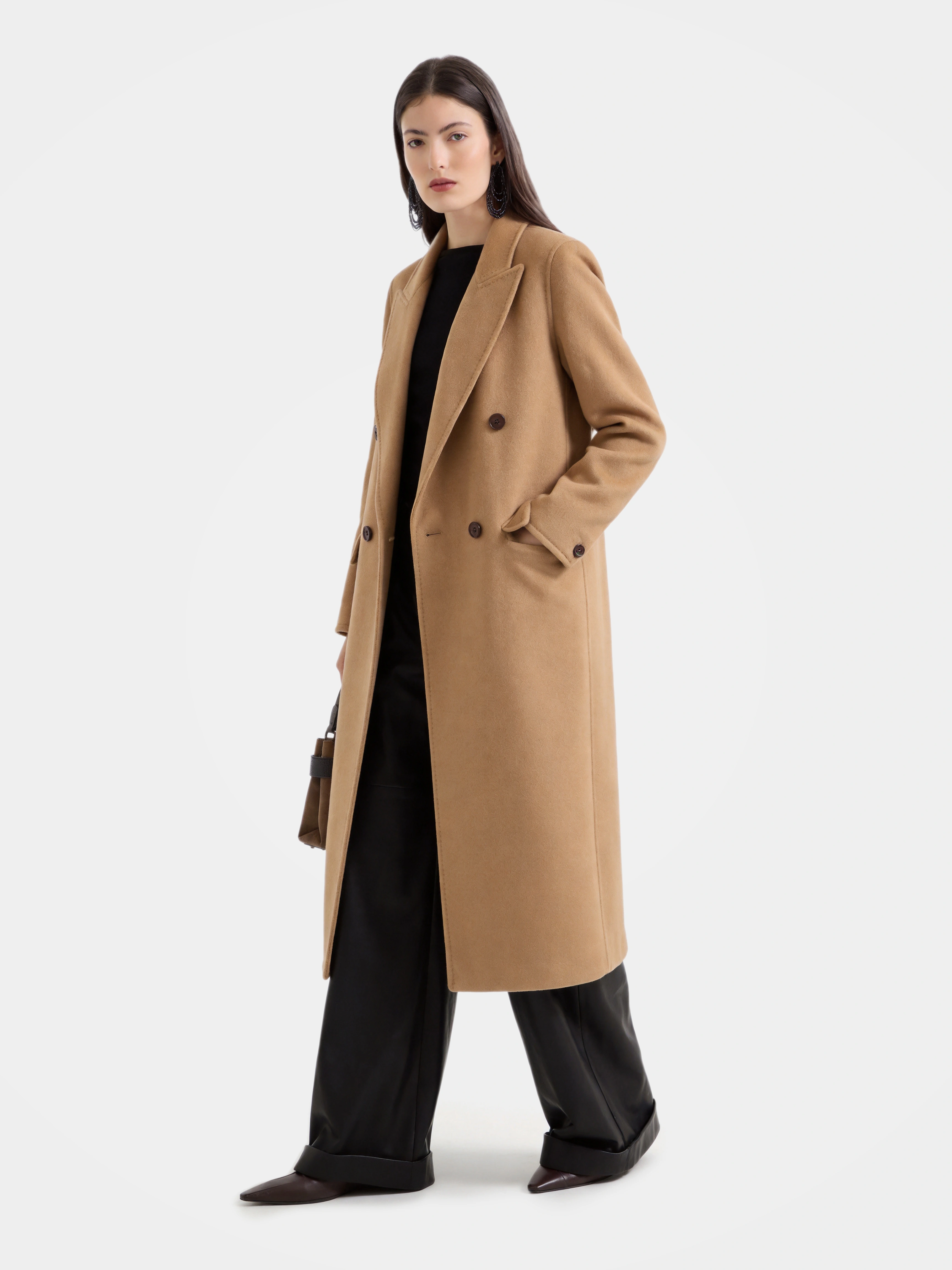 Wool Blend Double Breasted Long Coat Classic Notched Lapel Longline Jacket