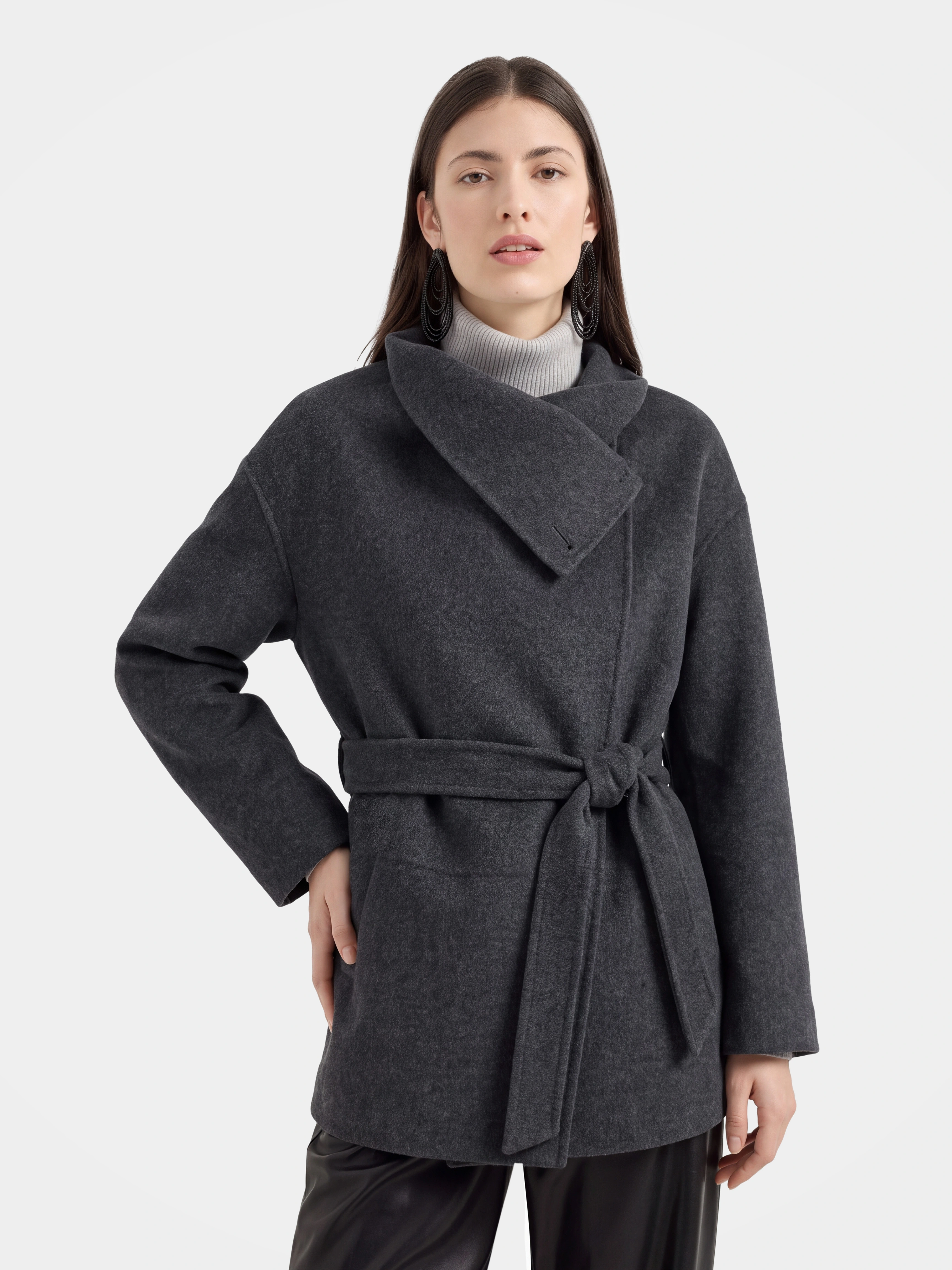 100% Wool Wrap Coat Double-Breasted Shawl Collar Open Front Warm Casual Jacket