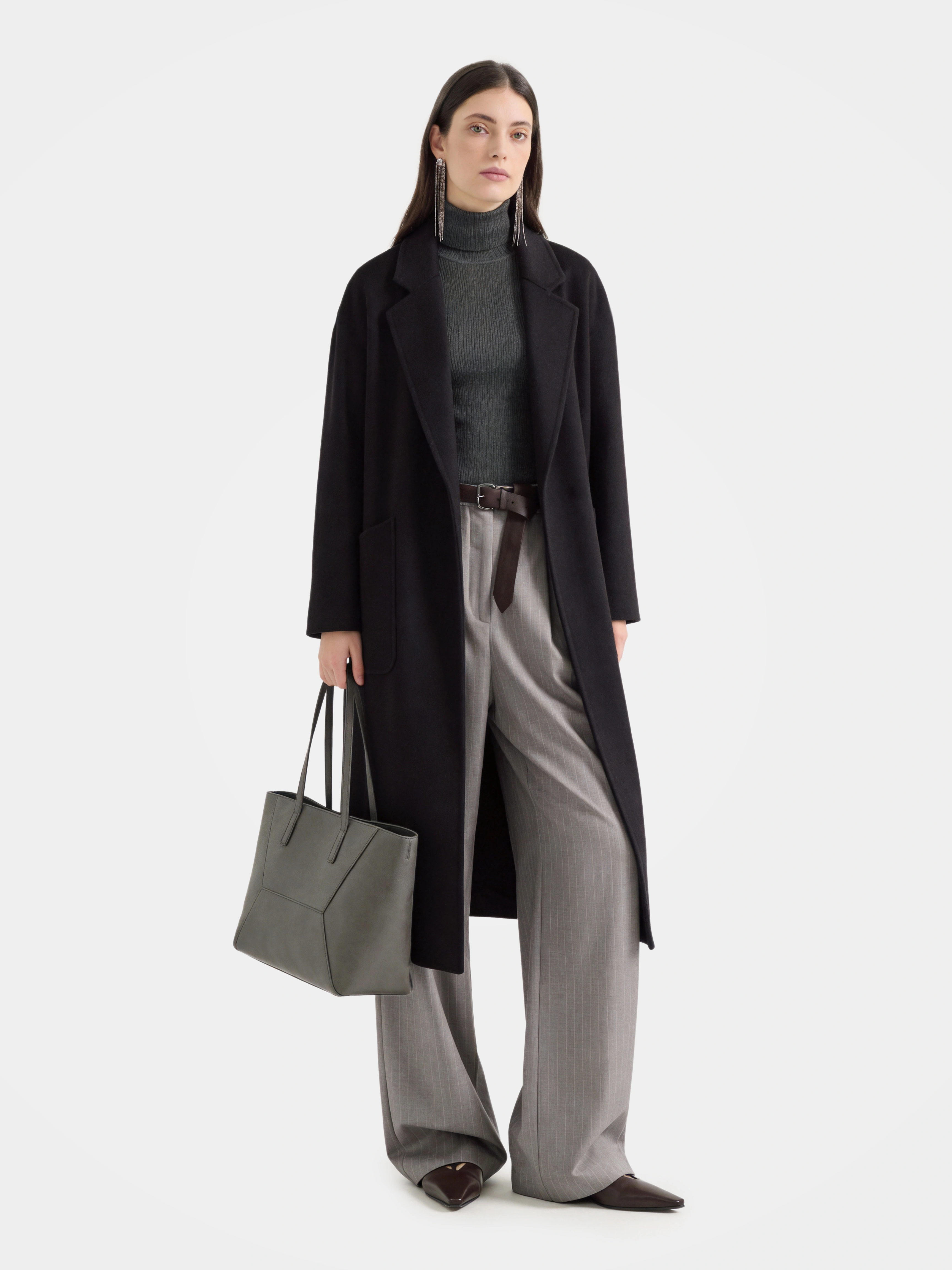 Wool Long Wool Blend Coat Open Front Longline Relaxed Fit Lapels bathrobe