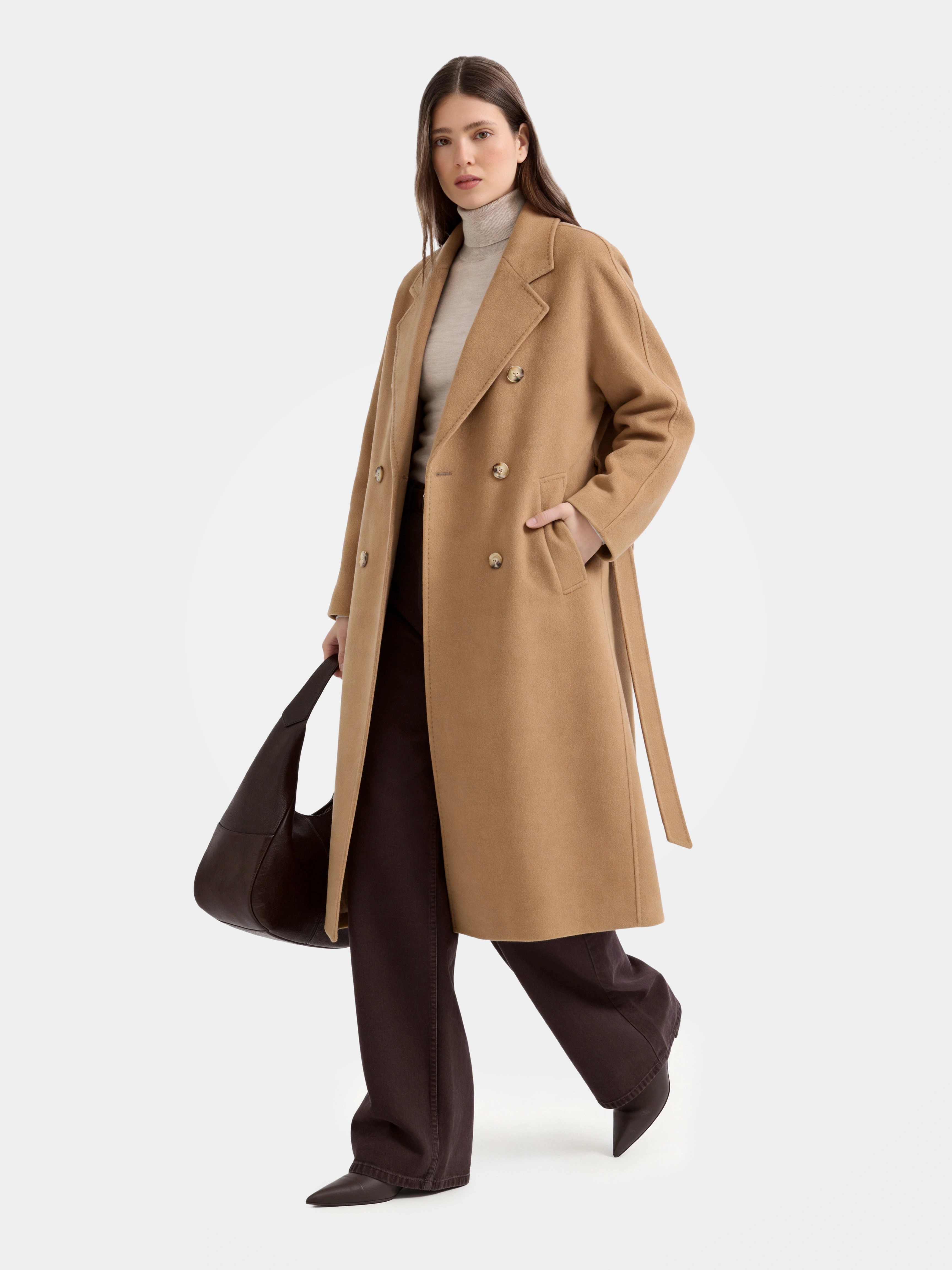 Wool Double Breasted Long Coat Notched Lapel Tailored Overcoat