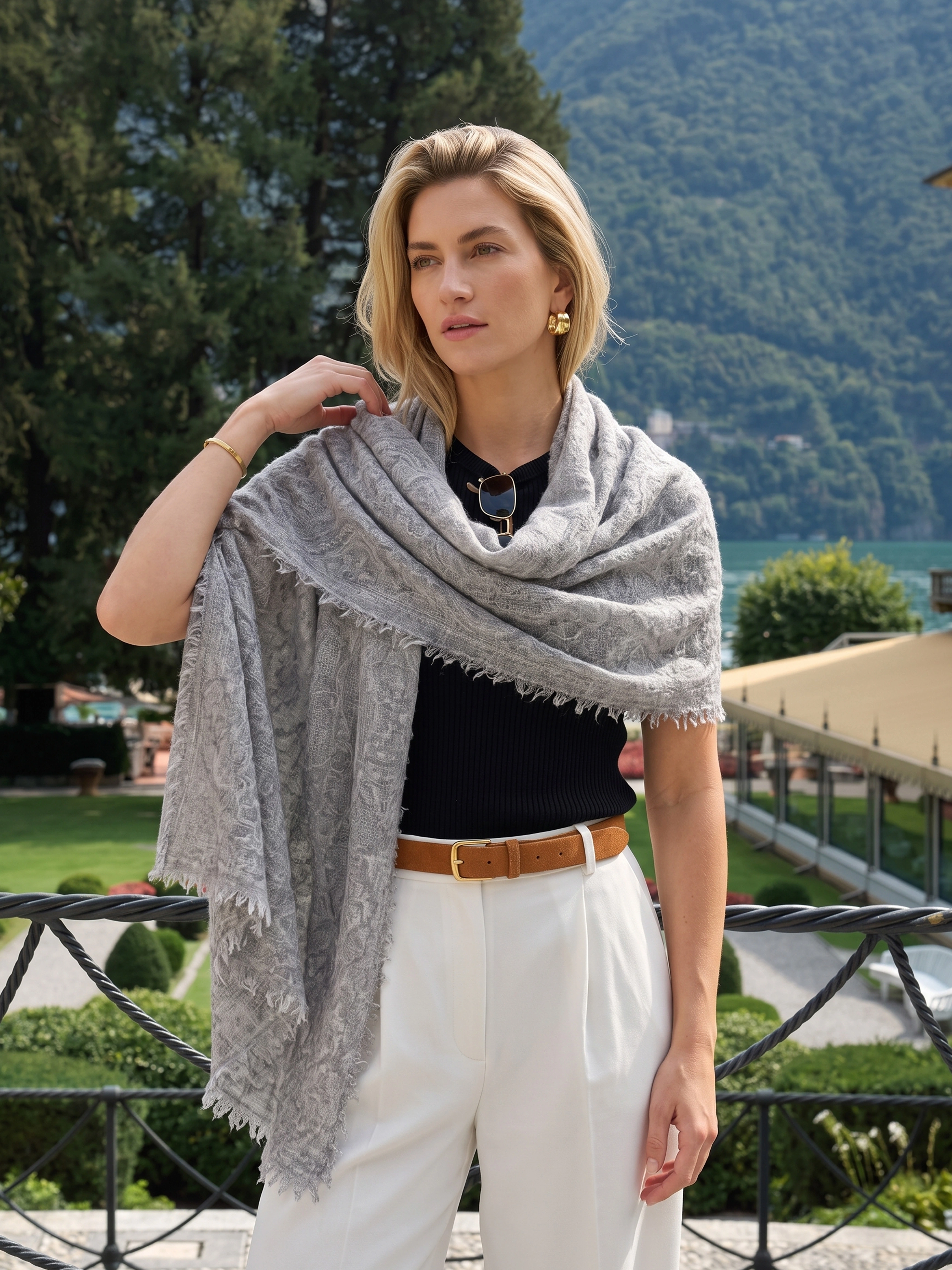 100% Cashmere Textured Tweed Tassel Long Scarf