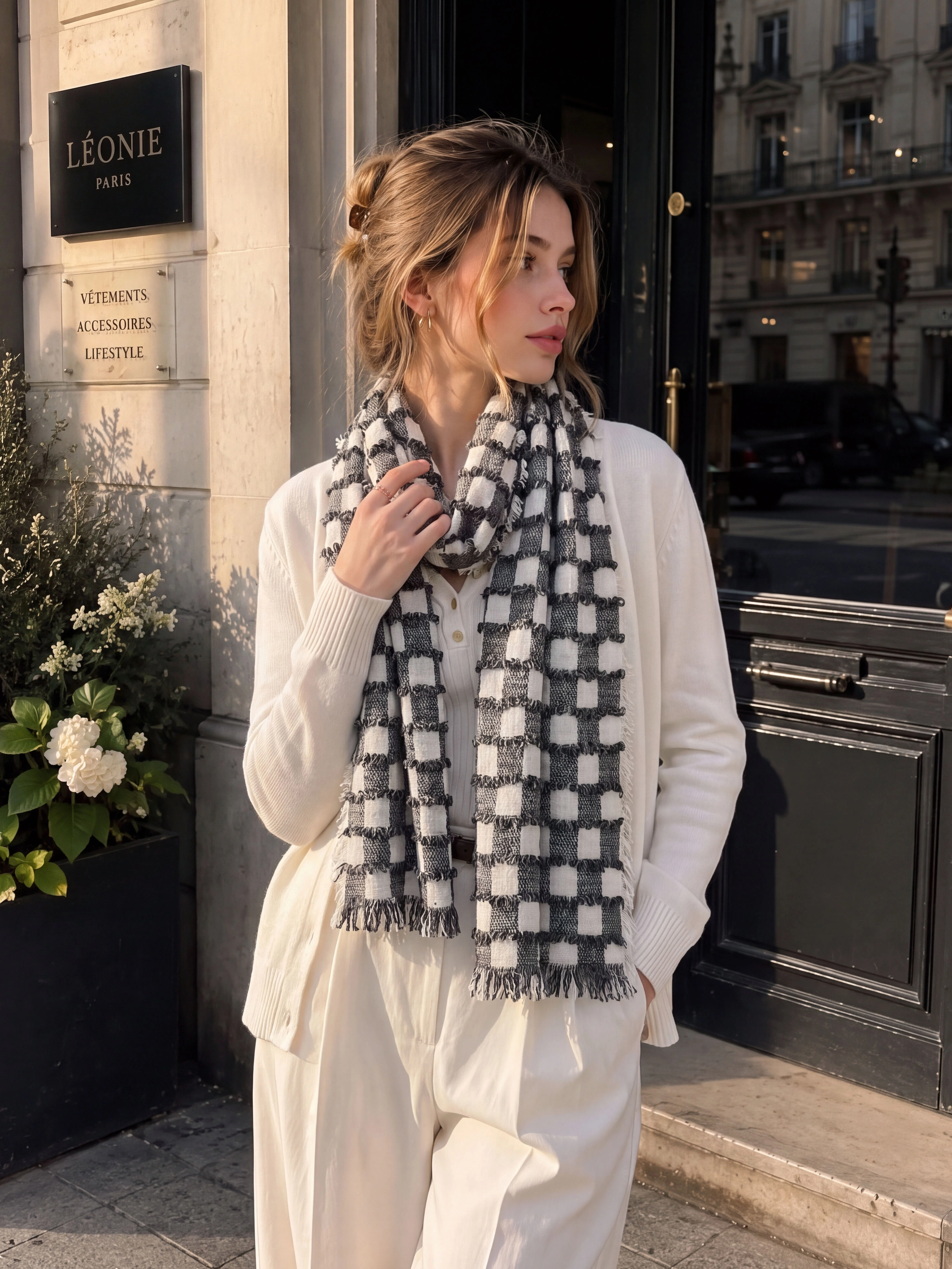 100% Cashmere Textured Plaid Tassel Long Scarf