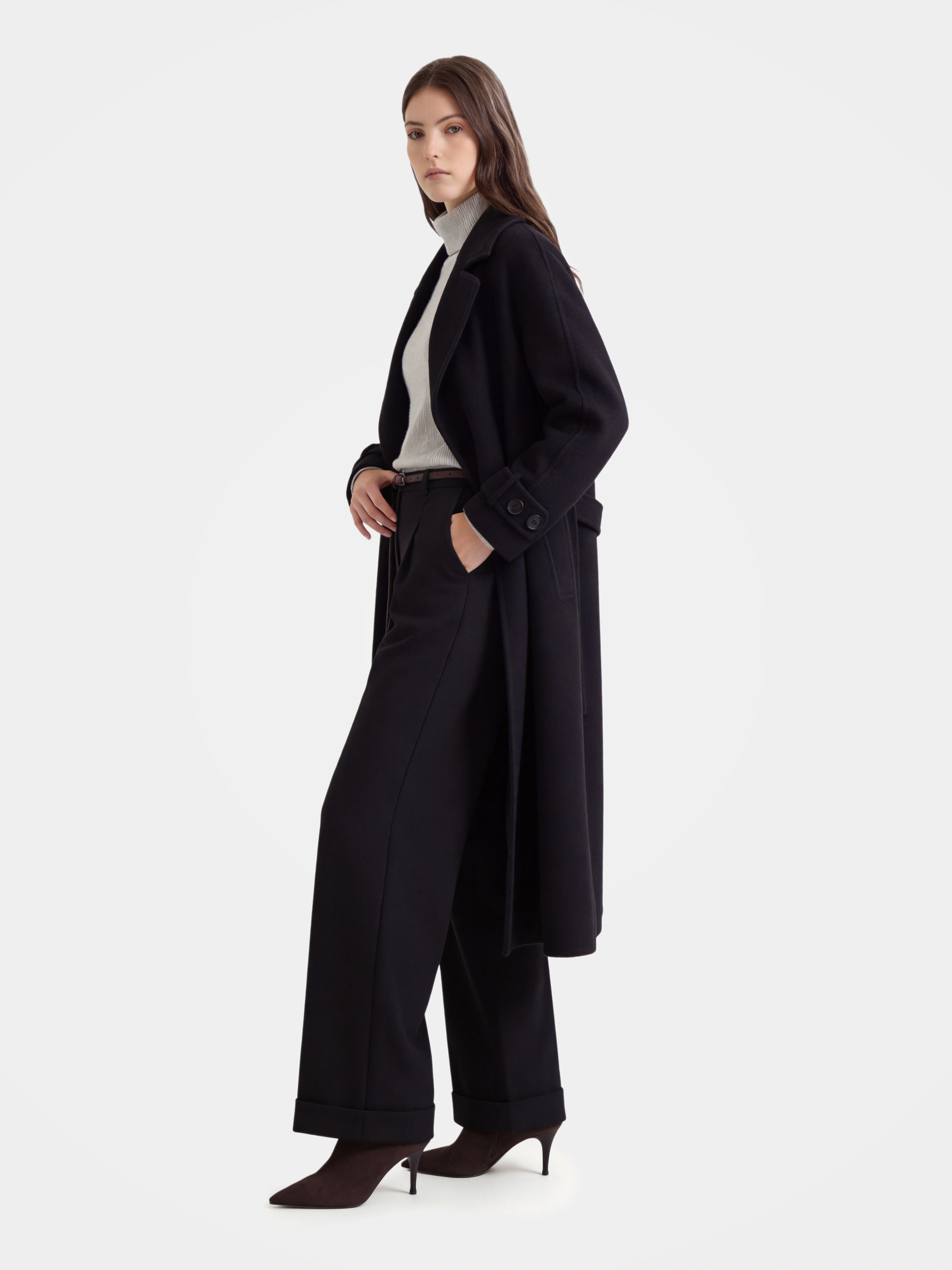 100% Cashmere Notched Lapel Belted Long Coat