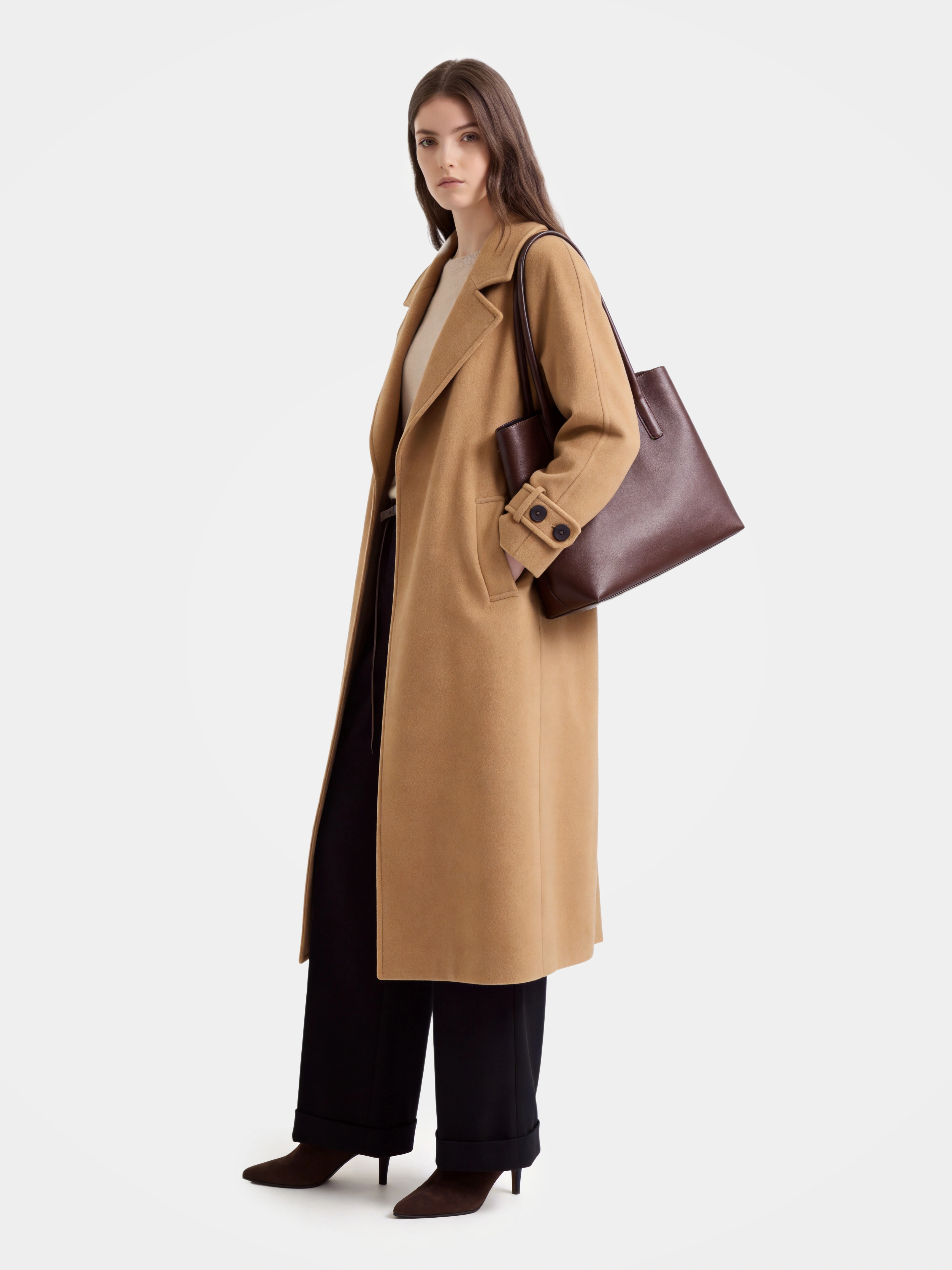 100% Cashmere Notched Lapel Belted Long Coat