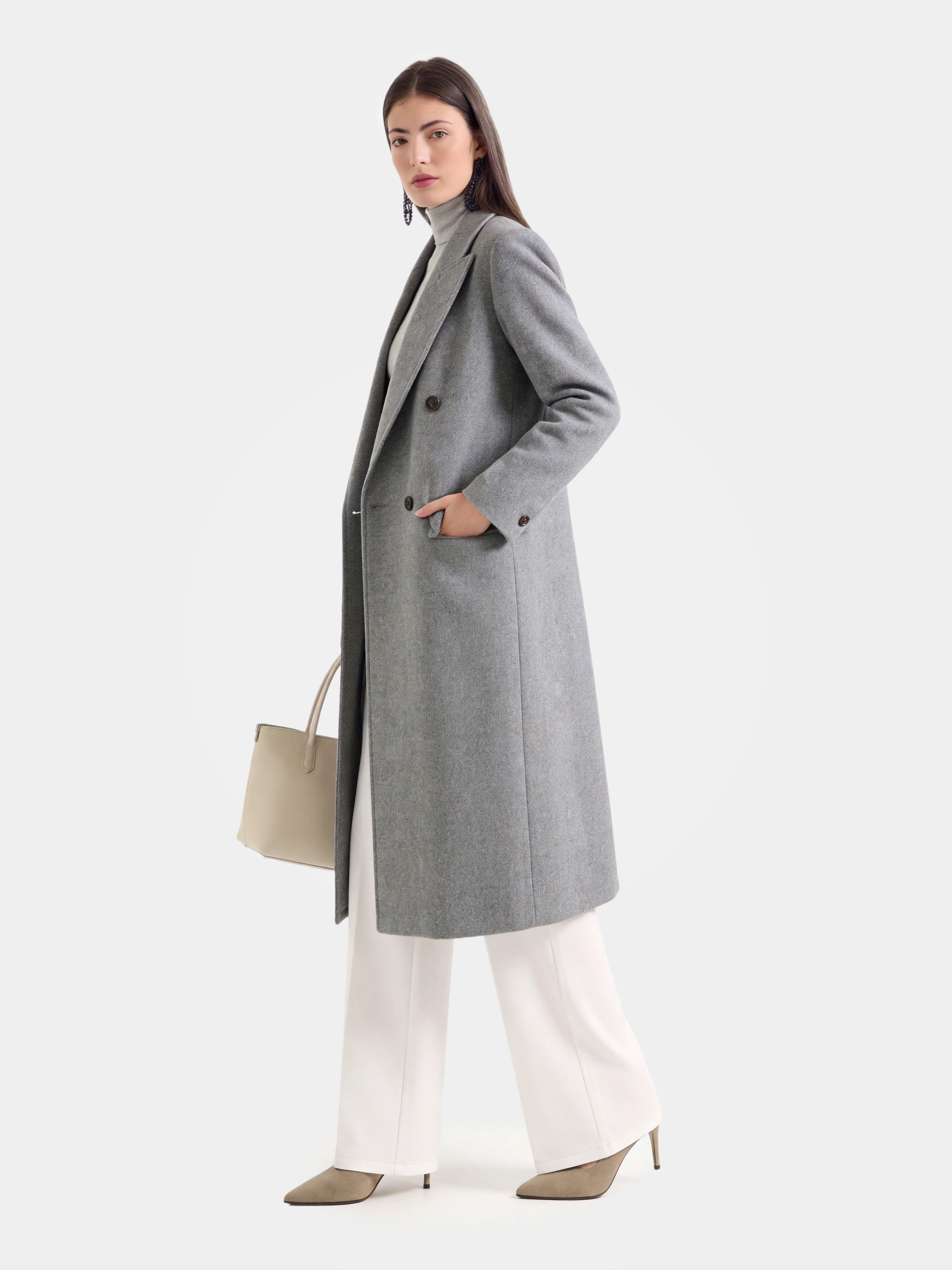 100% Cashmere Notched Lapel Double-Breasted Long Coat