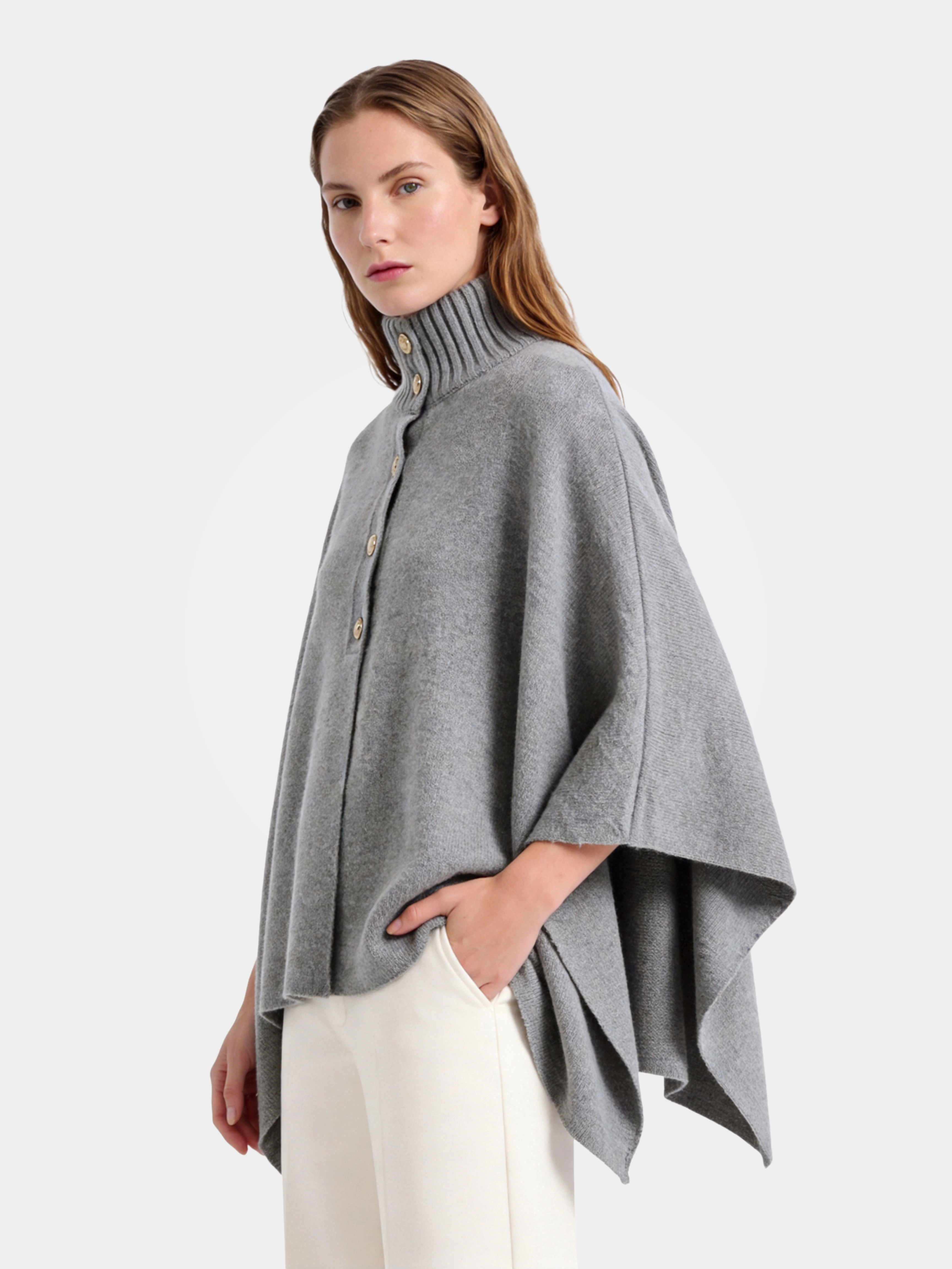 100% Wool Turtleneck Button-Placket Knit Cape