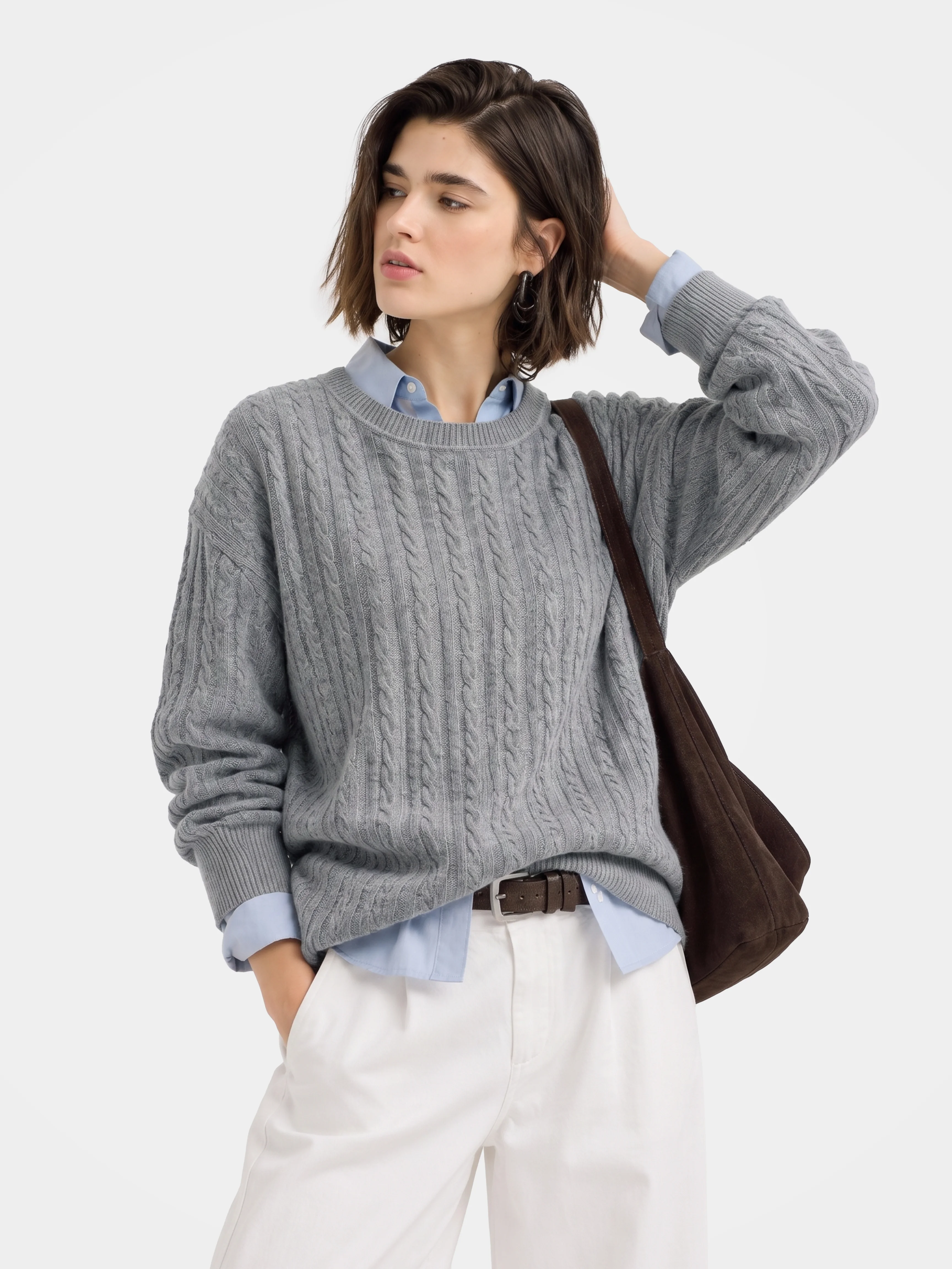 Cable-Knit Wool-Cashmere Crew Neck Sweater
