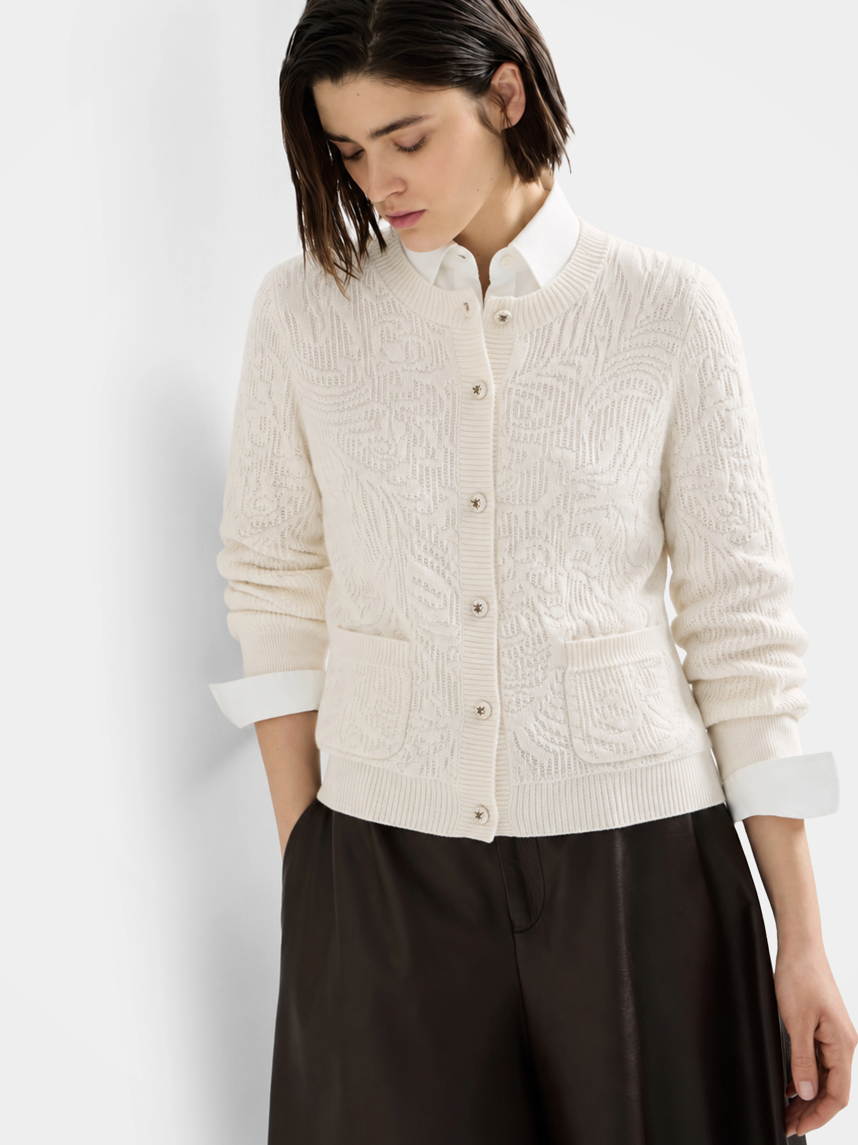Textured 100% Mongolian Cashmere Knit Cardigan