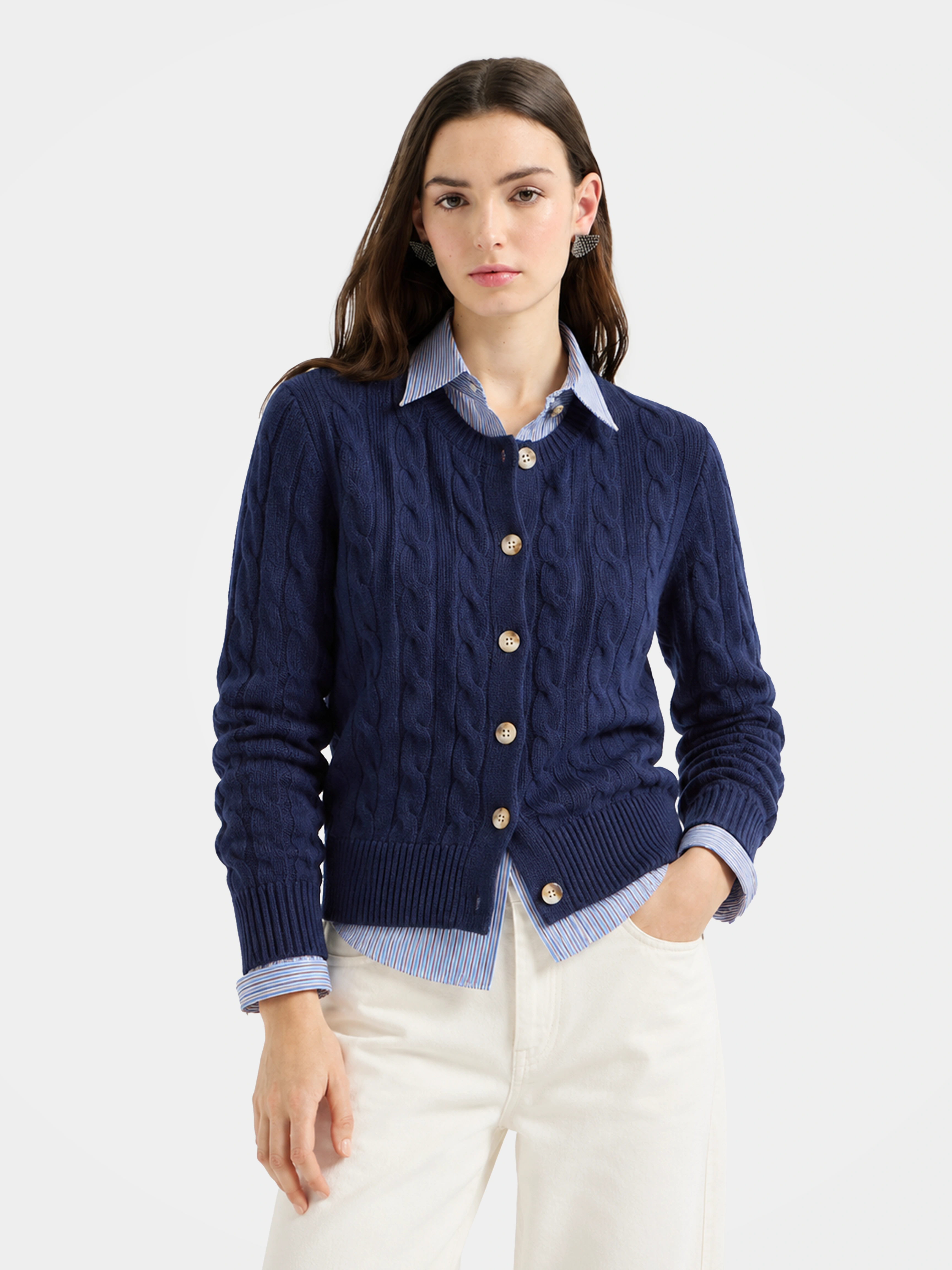 100% Mongolian Cashmere Cable Knit Crew Neck Button Cardigan