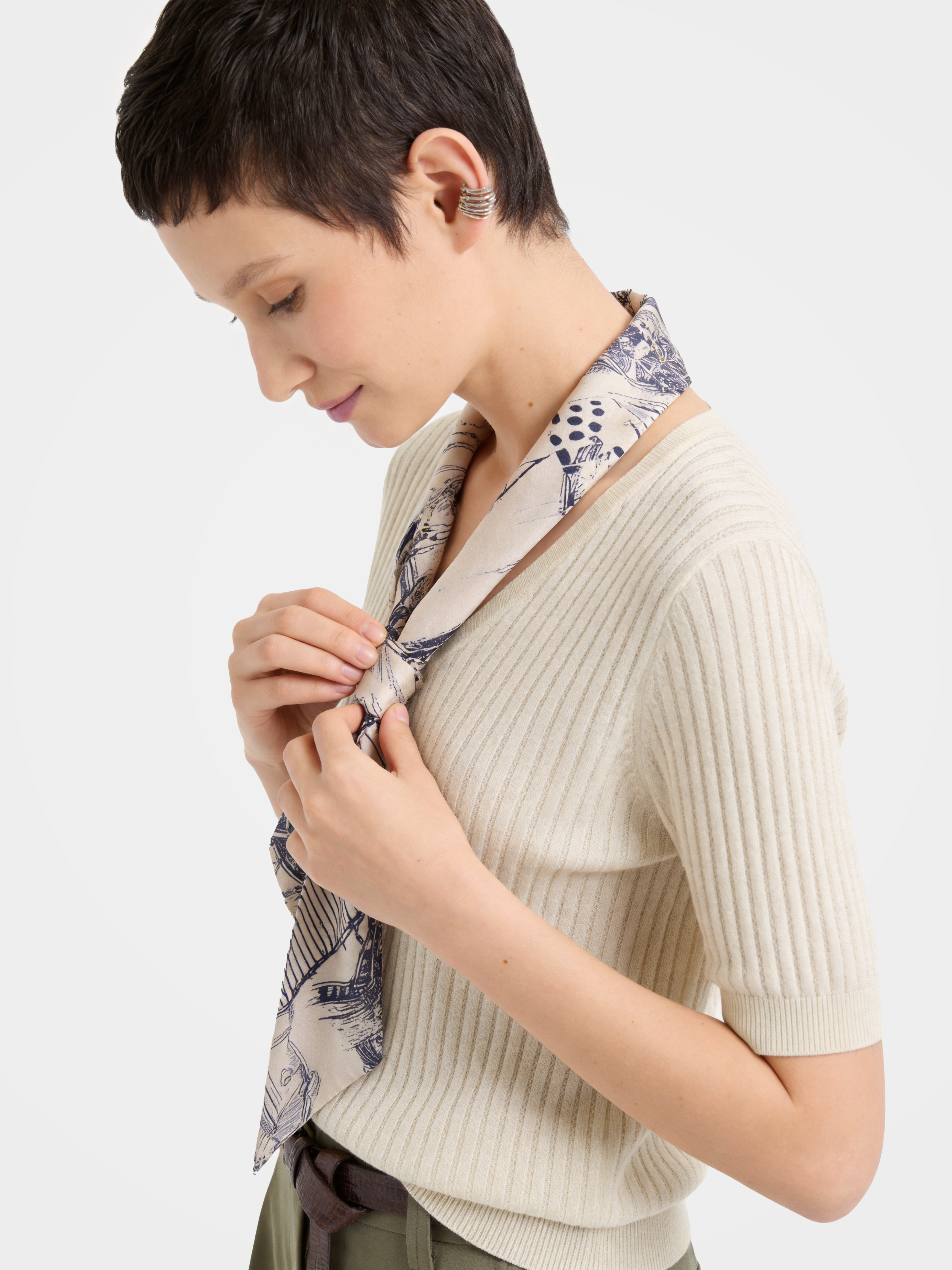 Soft Cotton Ribbed Knit V Neck Top with Silk Scarf