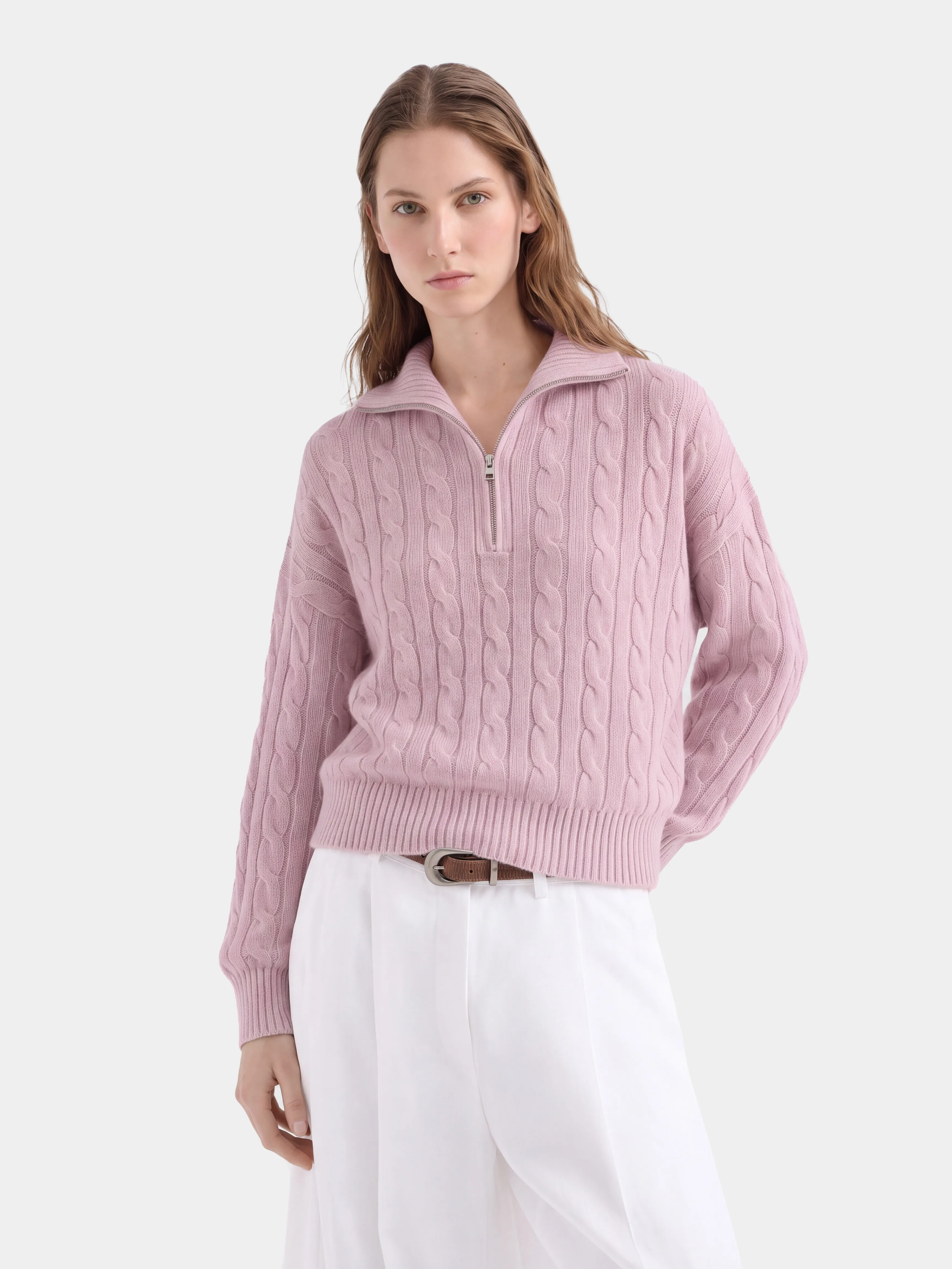 100% Mongolian Cashmere Cable Knit Half-Zip Polo Sweater
