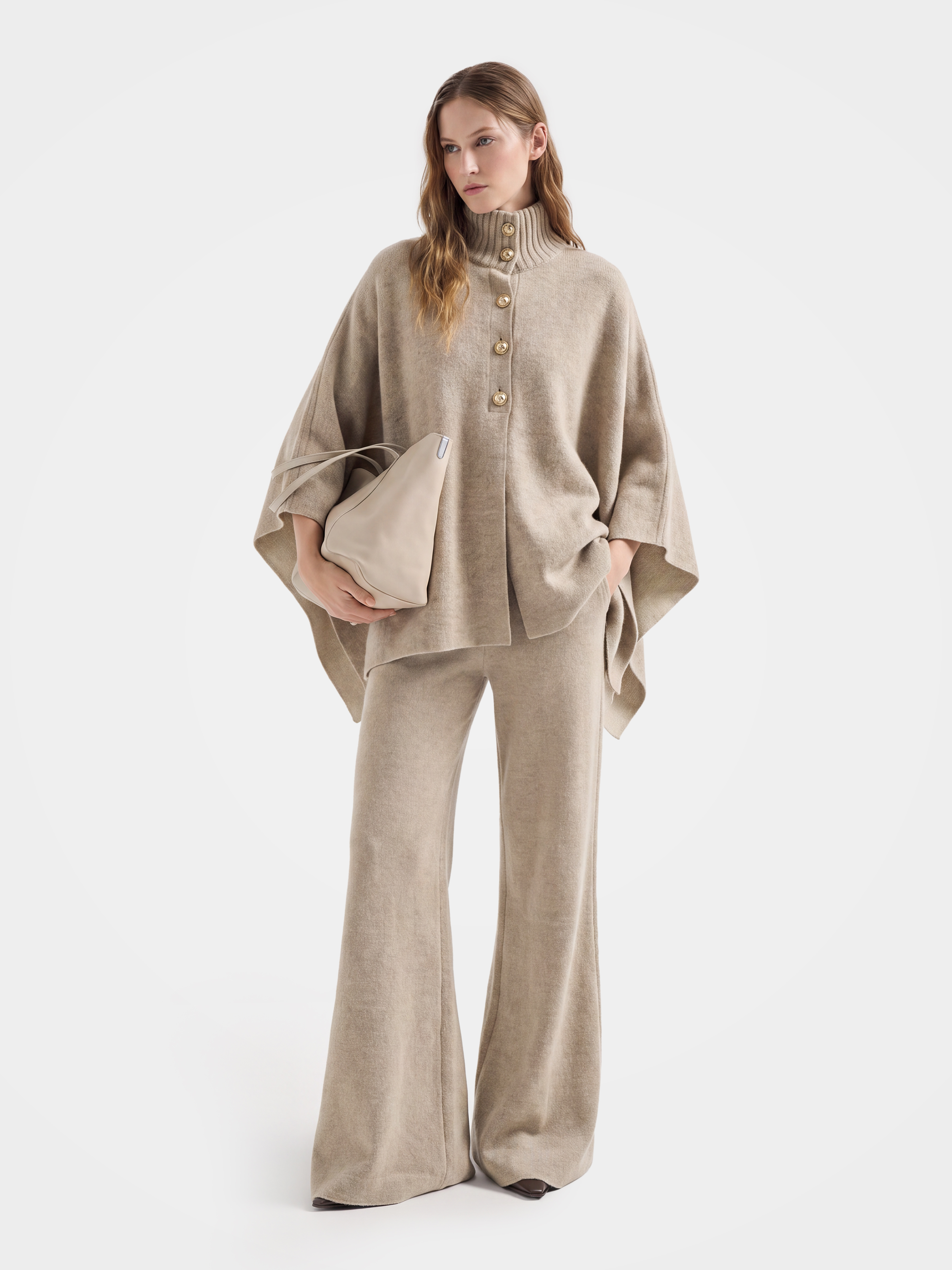 100% Wool Turtleneck Button-Placket Knit Cape