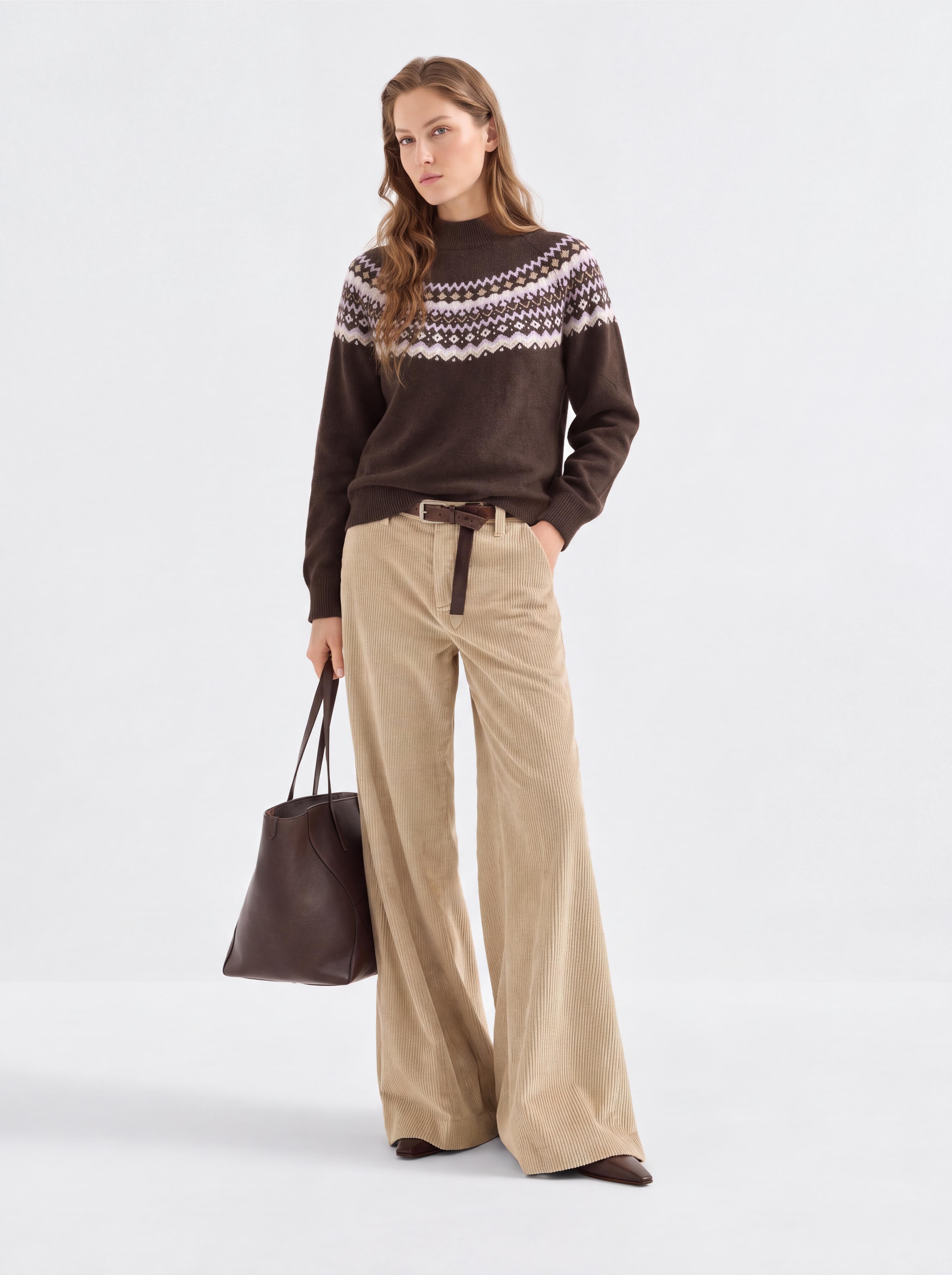 100% Cashmere Mock Neck Sweater Soft Fair Isle Diamond Knit Pullover