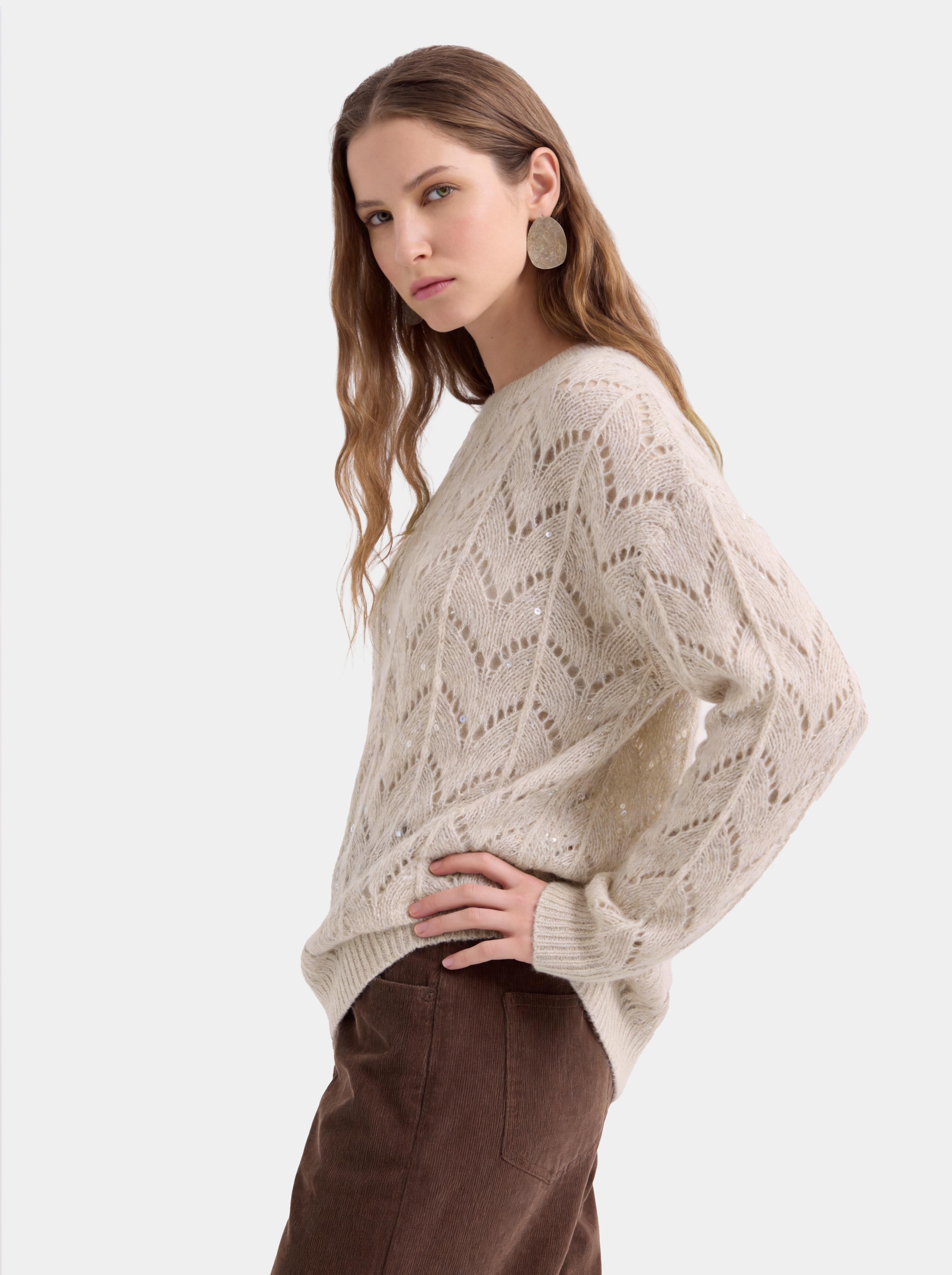 Cashmere Openwork Knit Crew Neck Sequin Sweater