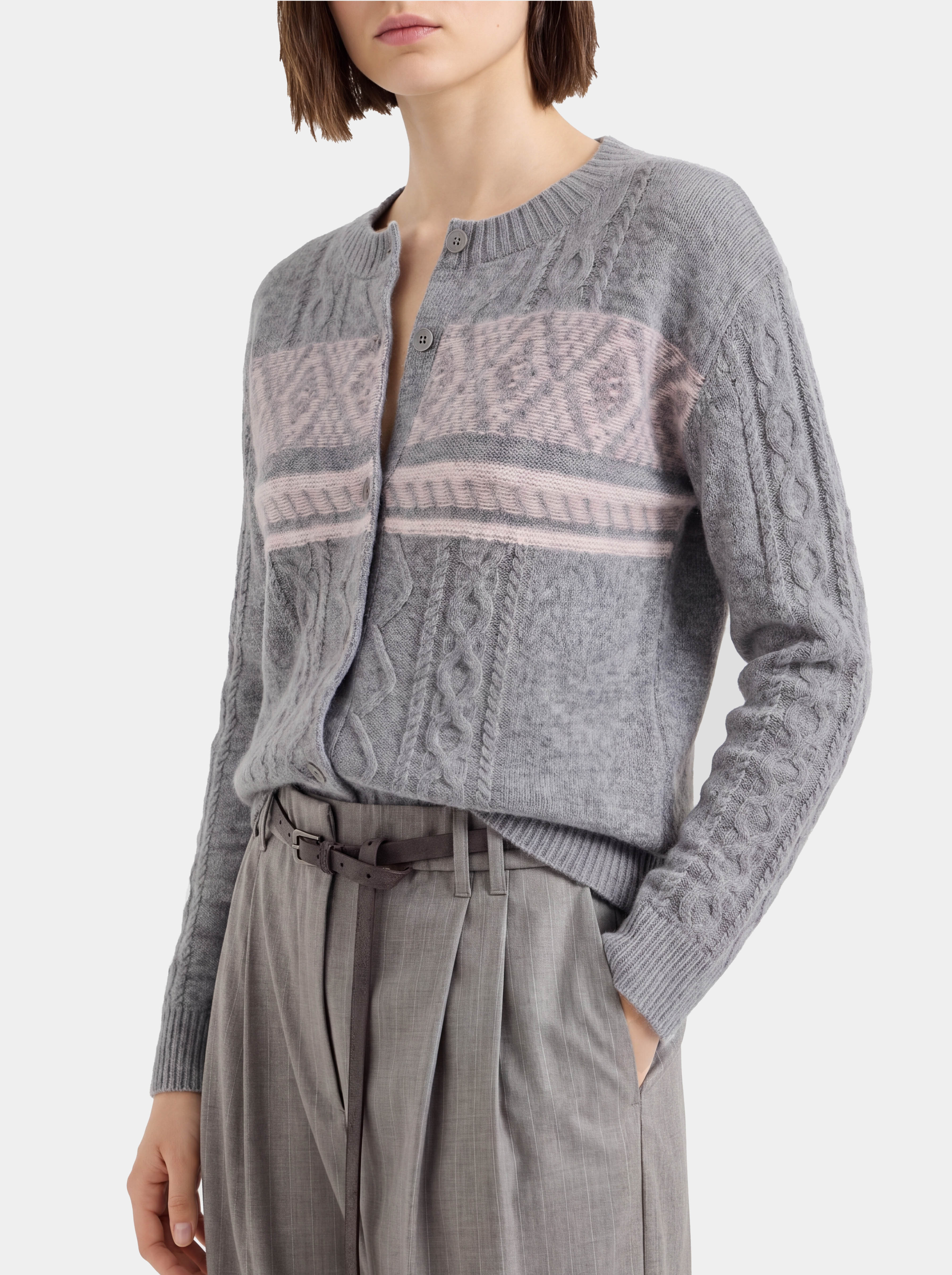 100% Cashmere Cable Knit Crew Neck Cardigan