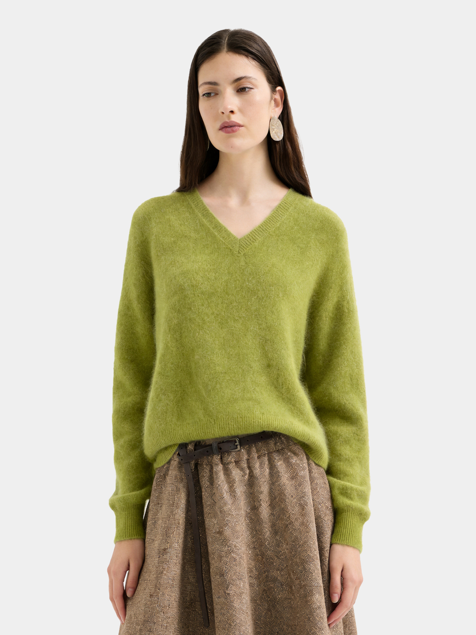 Wool Blend Brushed V Neck Long Sleeve Sweater