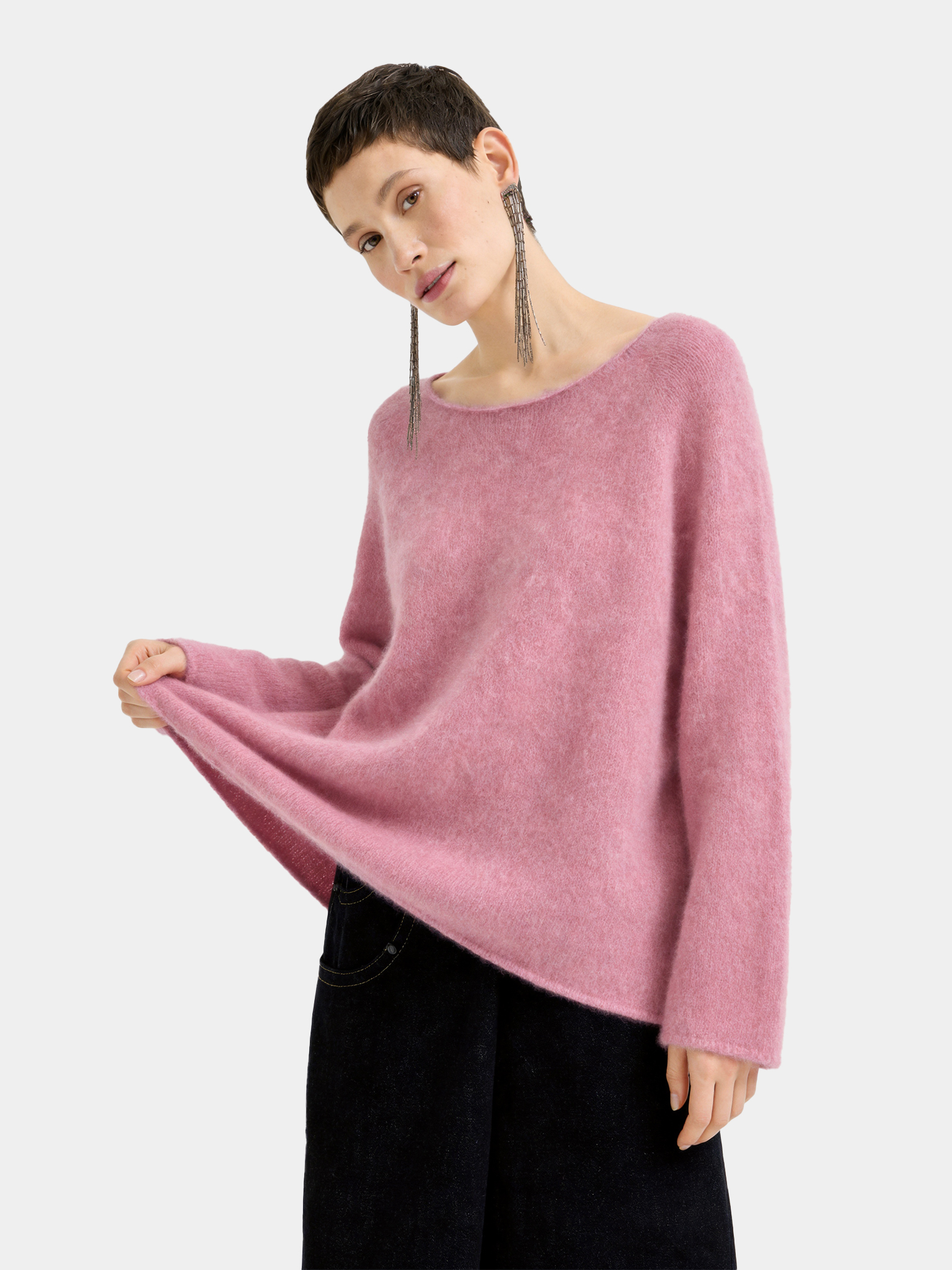 Wool Blend Brushed Crew Neck Relaxed Fit Long Sleeve Sweater