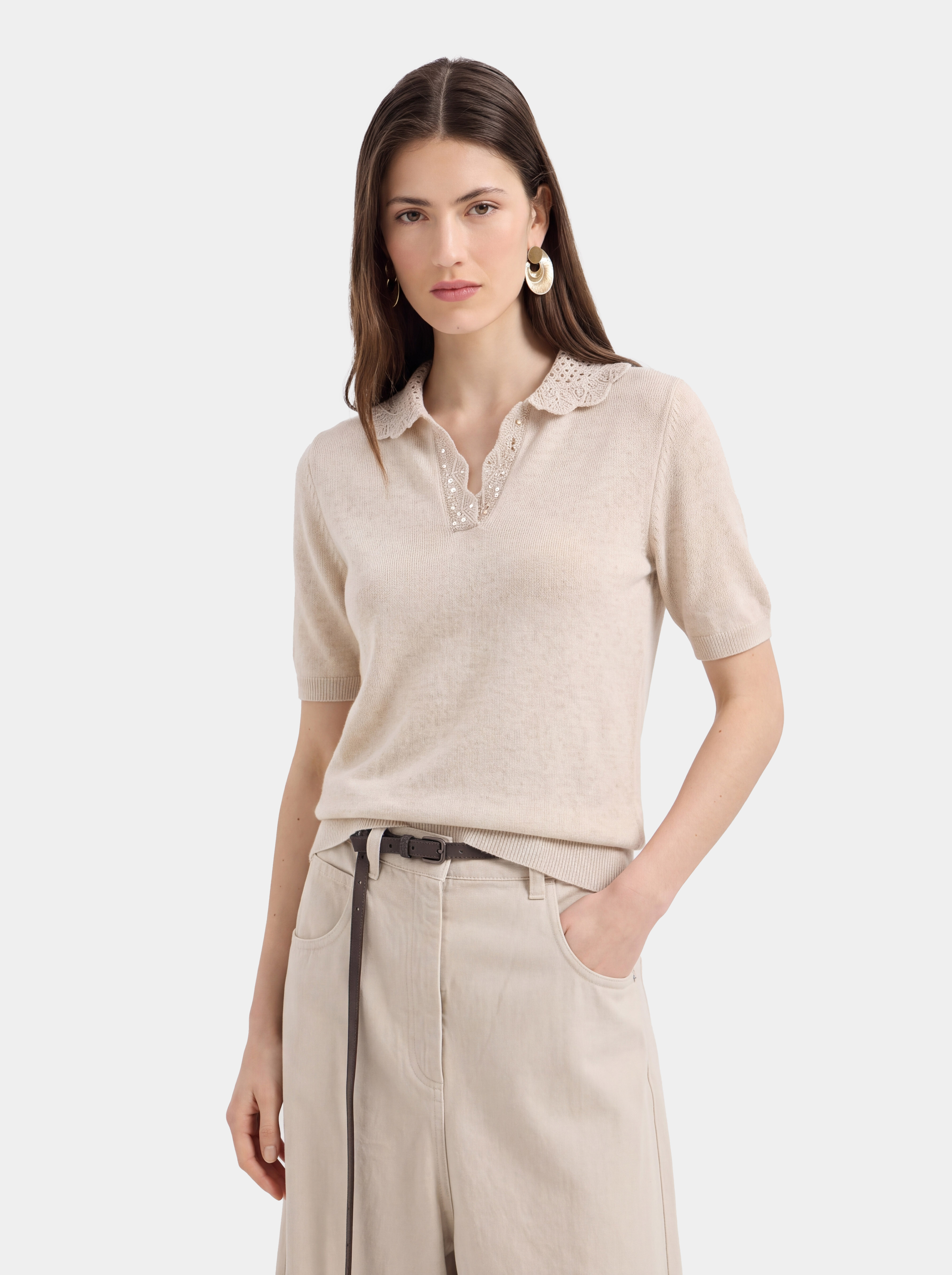 100% Cashmere Openwork Knit Polo Short Sleeve Top