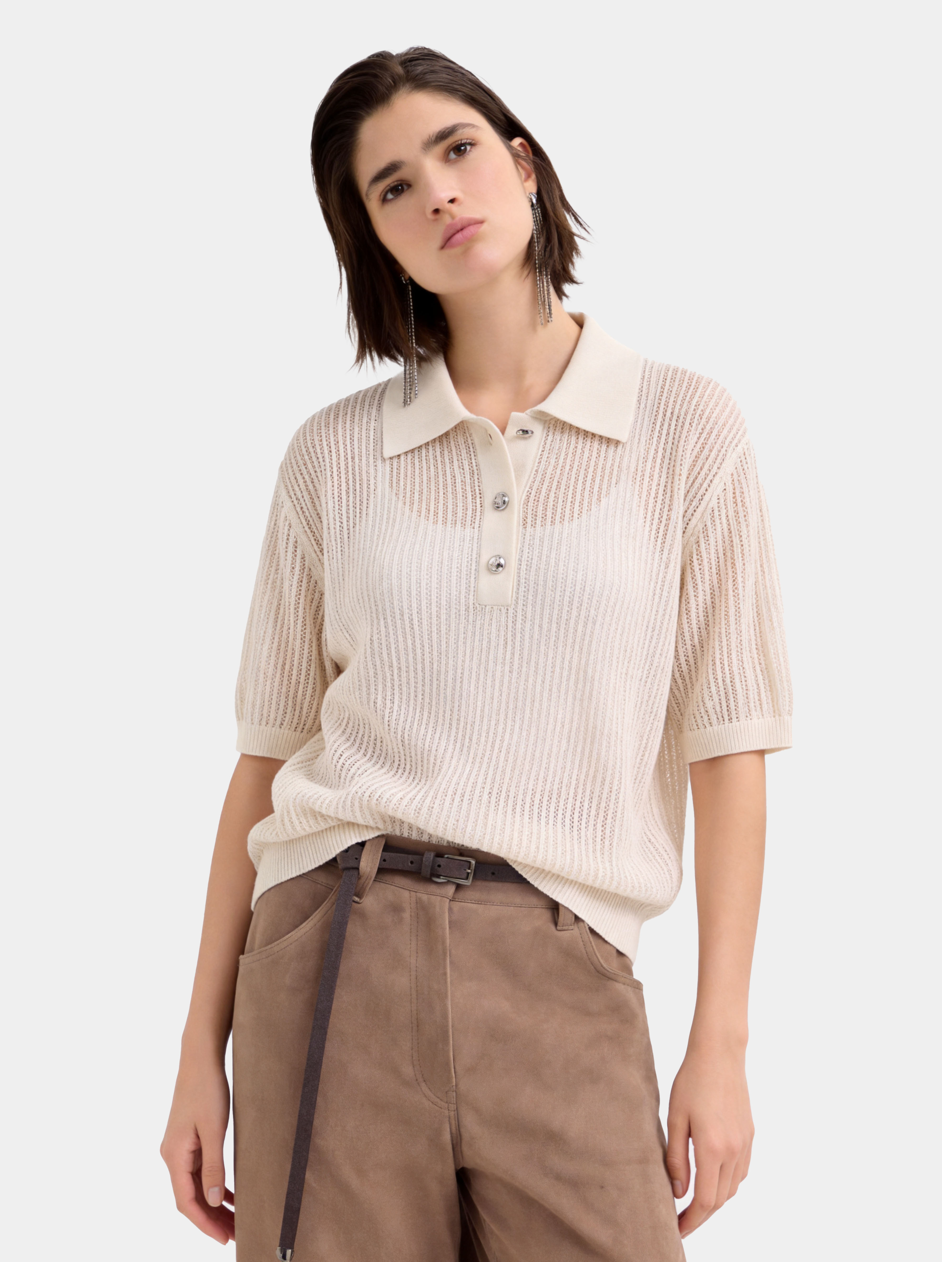 Cotton Silk Blend Open Knit Short Sleeve Polo Top