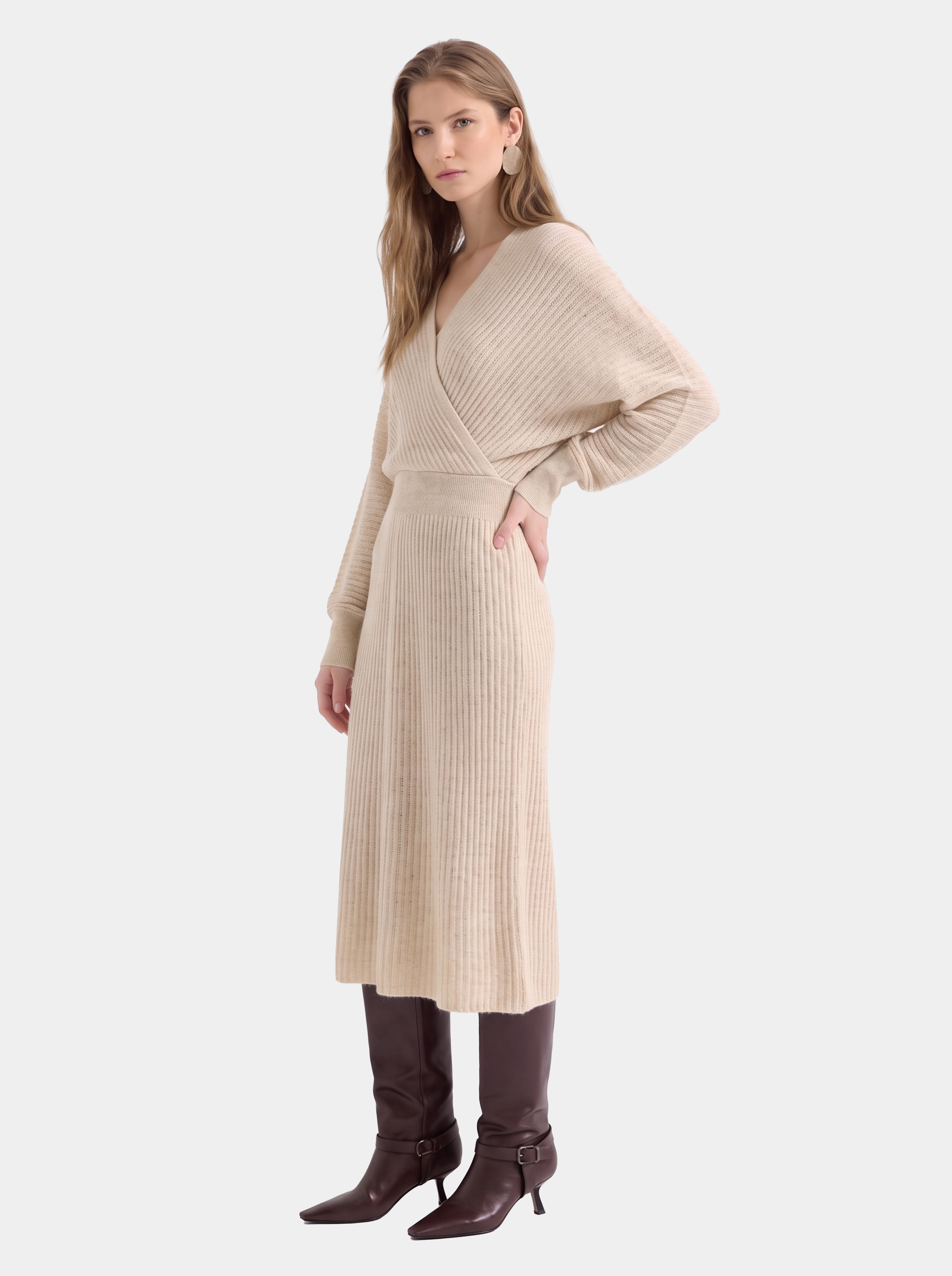 100% Cashmere Surplice V Neck Ribbed Long Sleeve Midi Sweater Dress