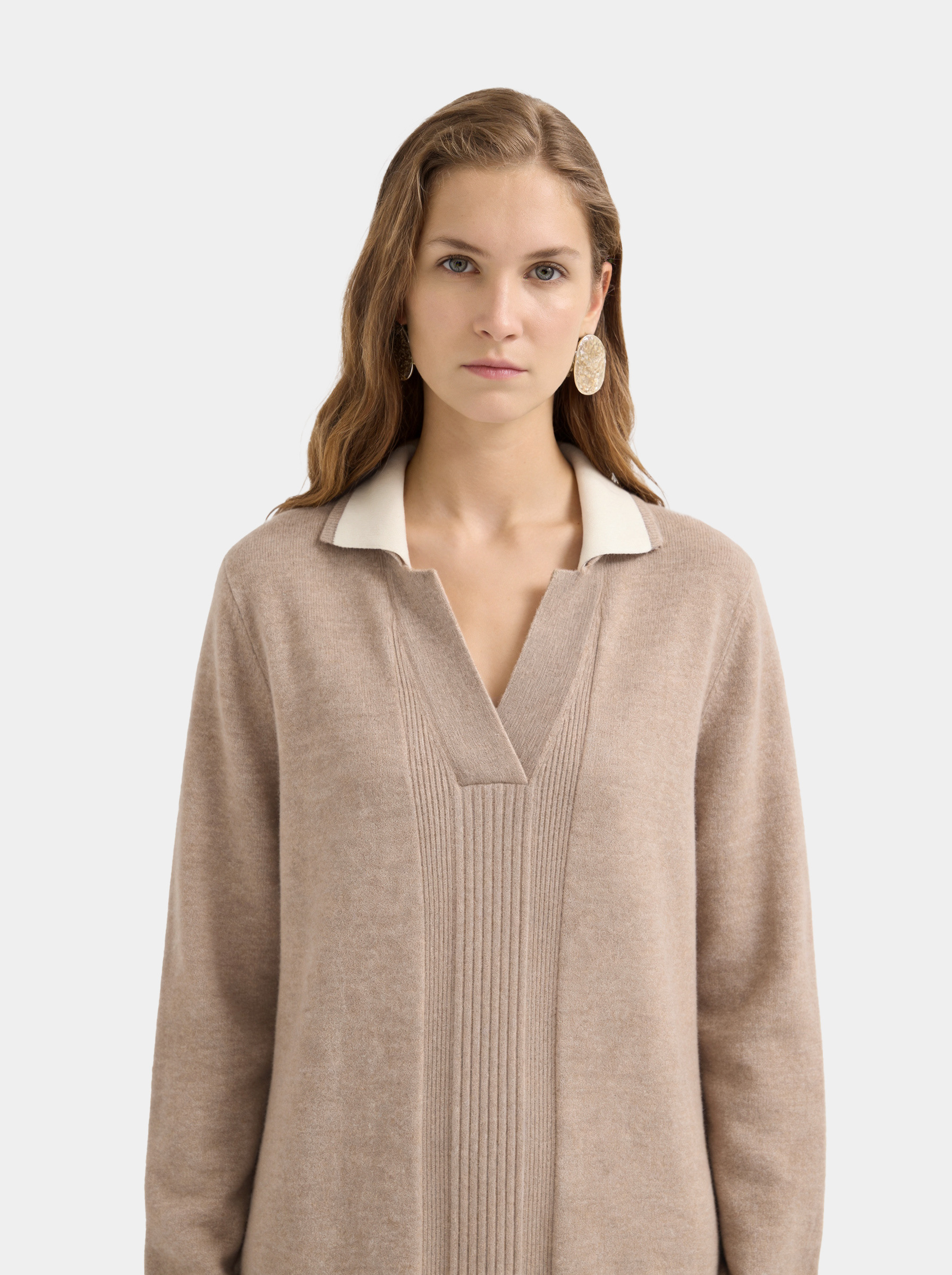100% Cashmere V Neck Collared Long Sleeve Midi Sweater Dress
