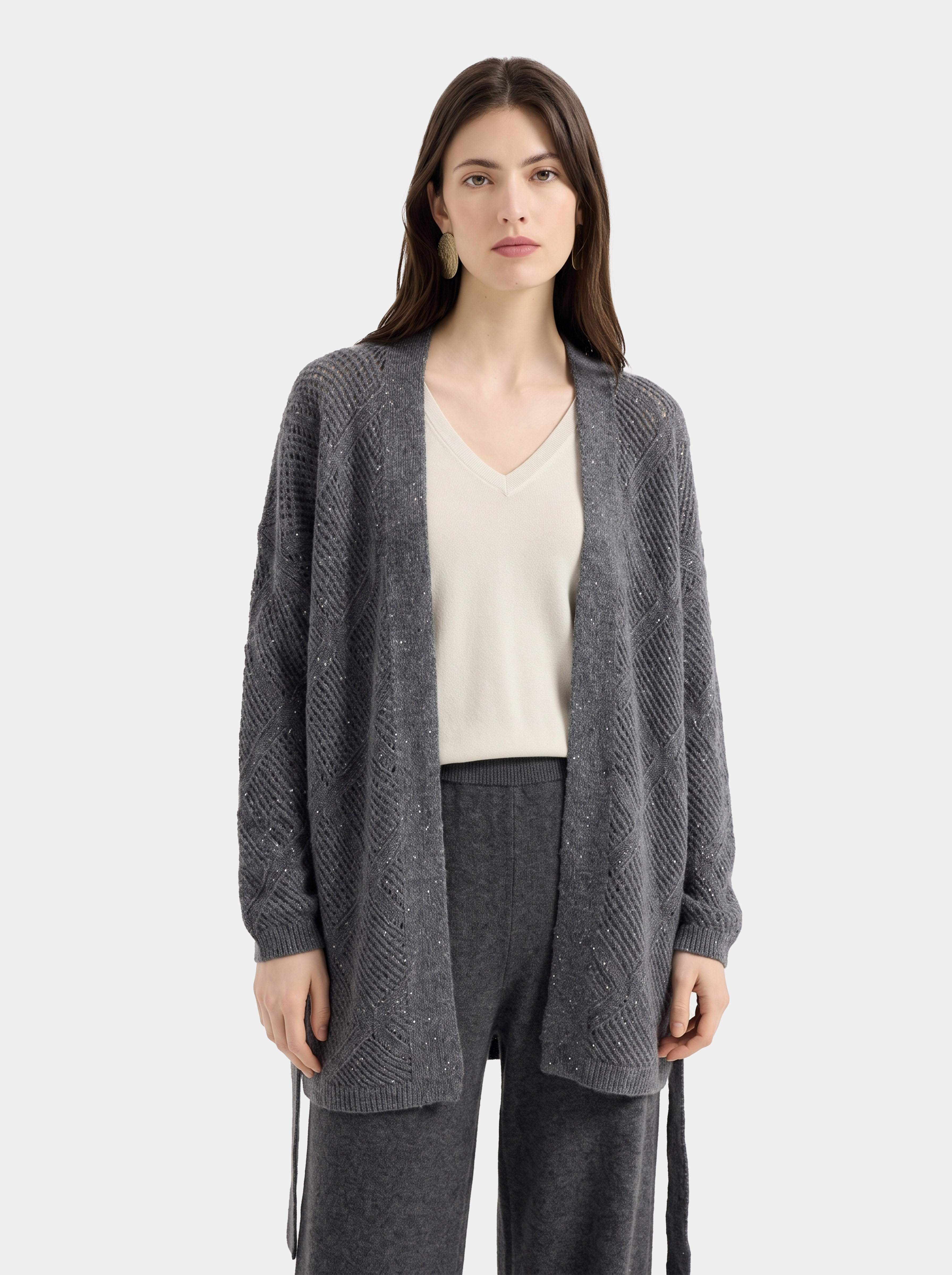 100% Cashmere Longline Cardigan for Women - Textured Open Front Belted Knit