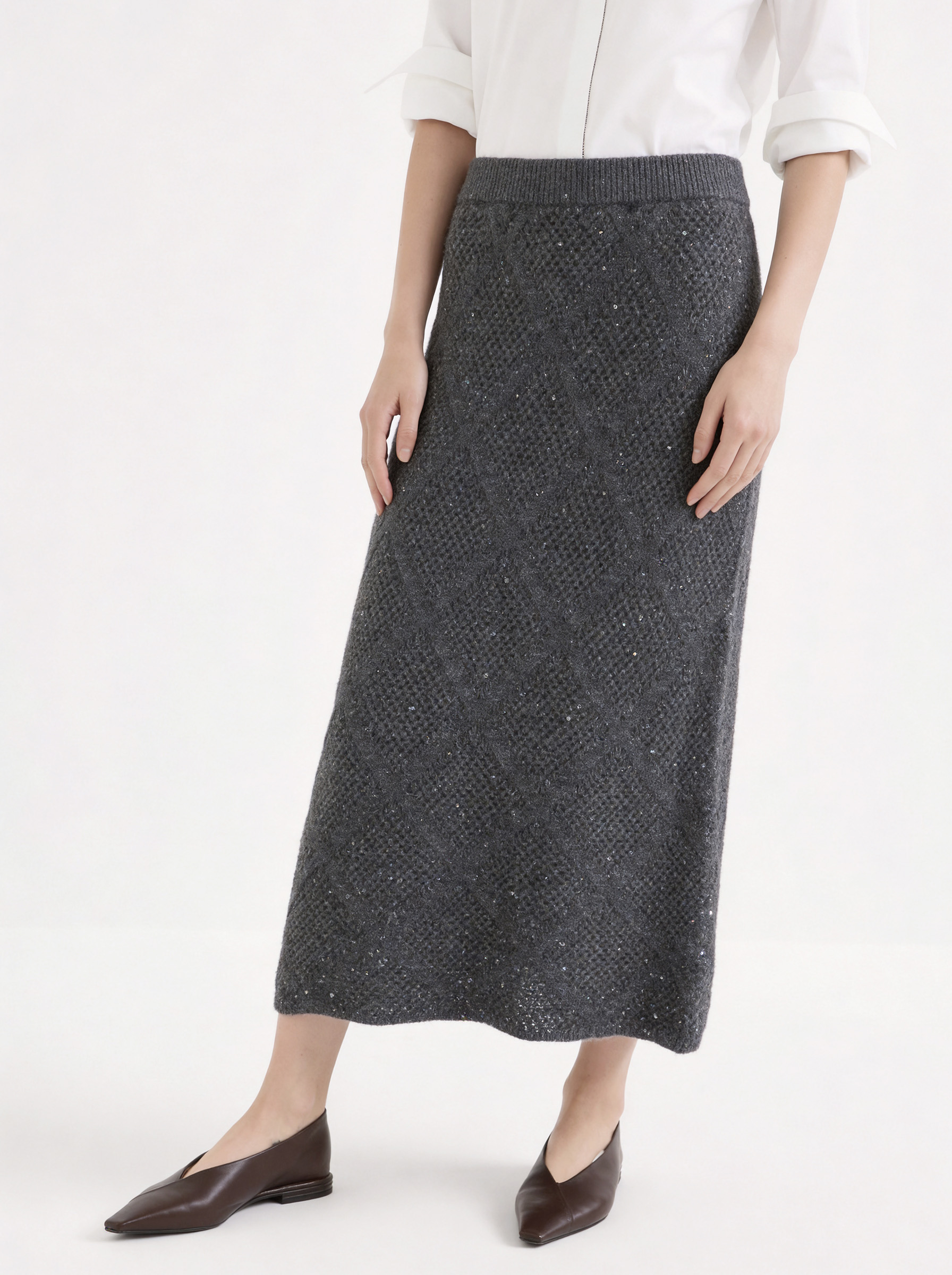 100% Mongolian Cashmere Diamond Textured Sparkle Knit Midi Skirt
