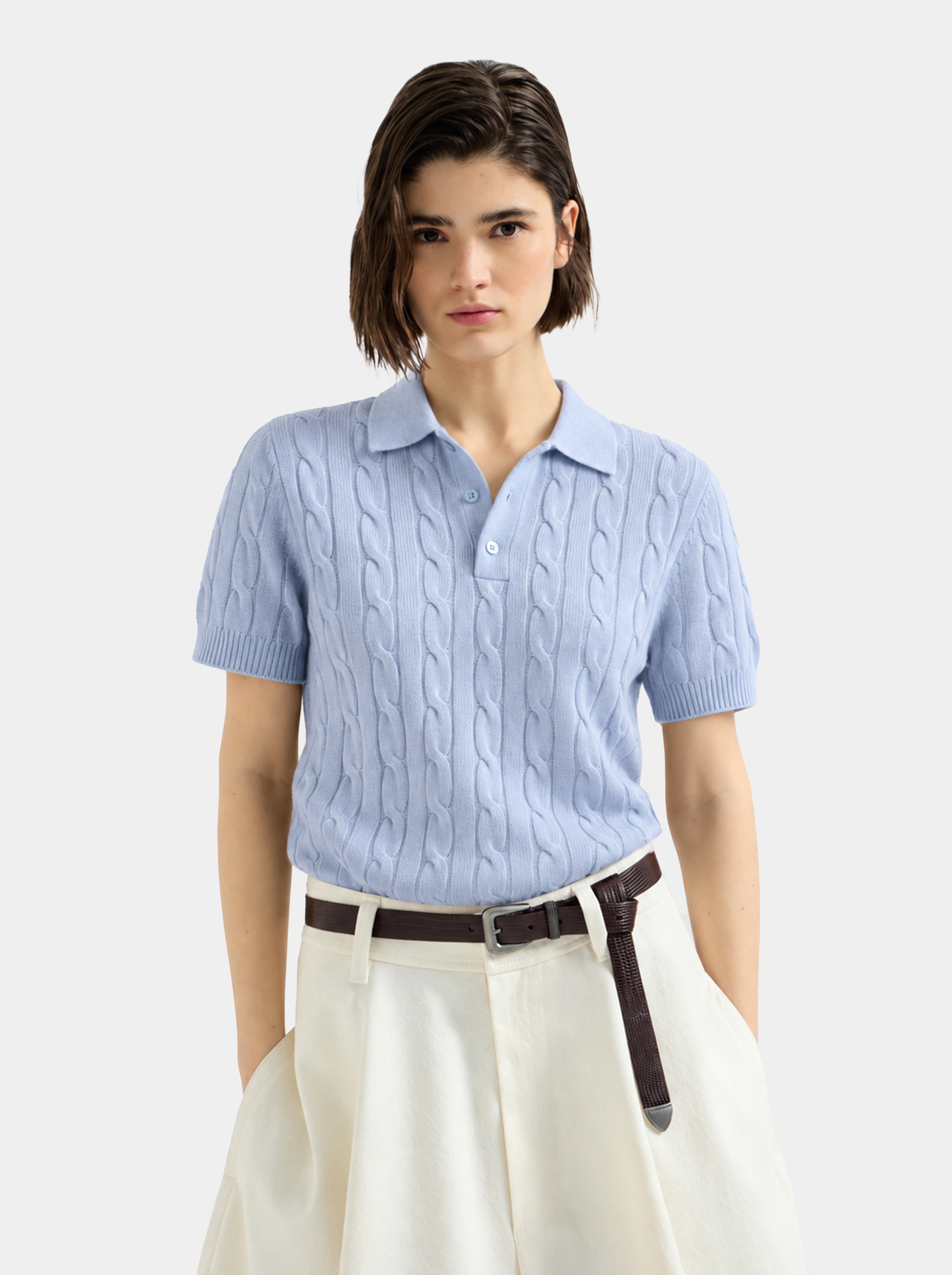 100% Mongolian Cashmere Cable Knit Short Sleeve Polo Sweater
