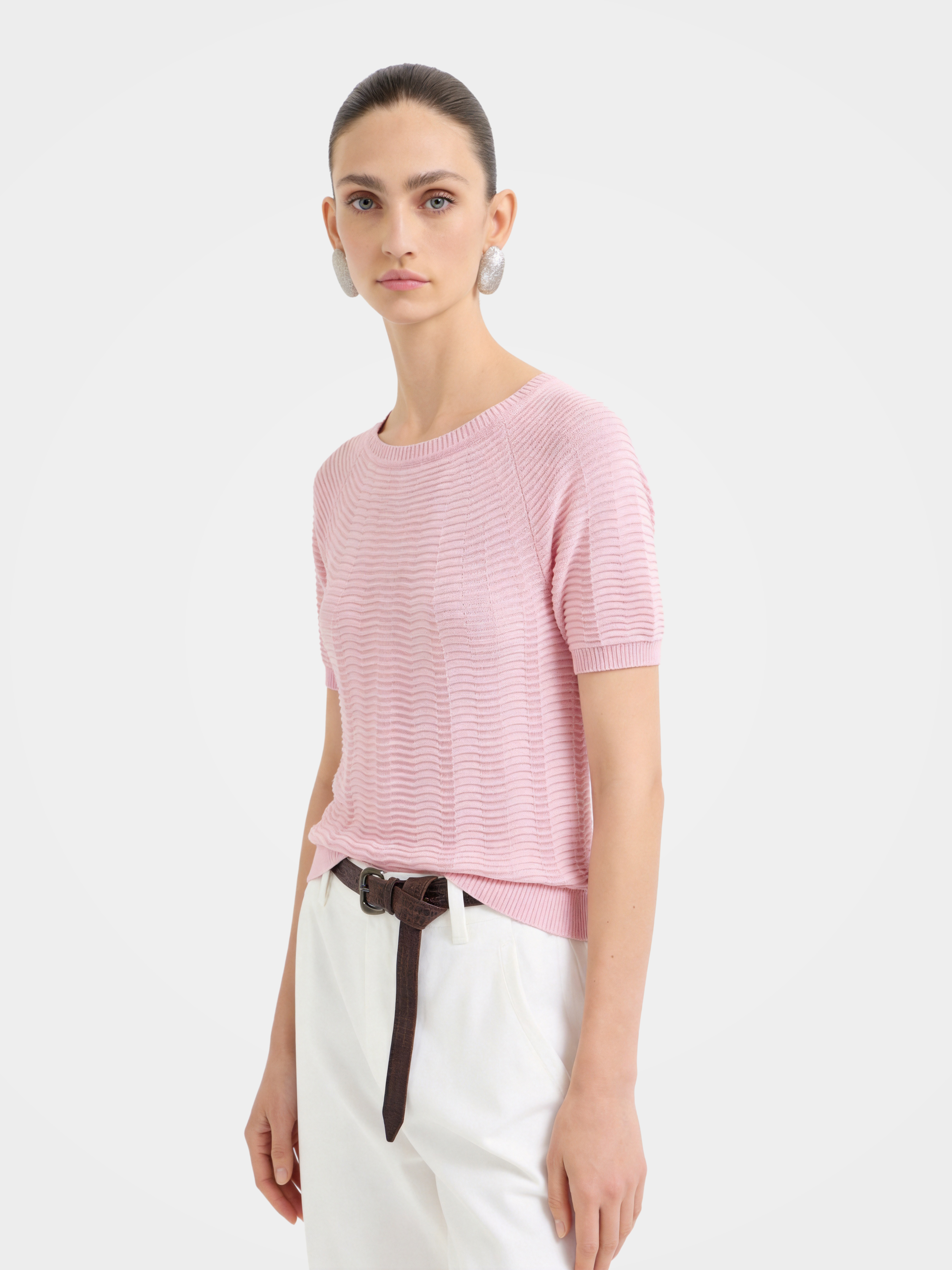 Soft Textured Stretch Wave Knit Summer Tee