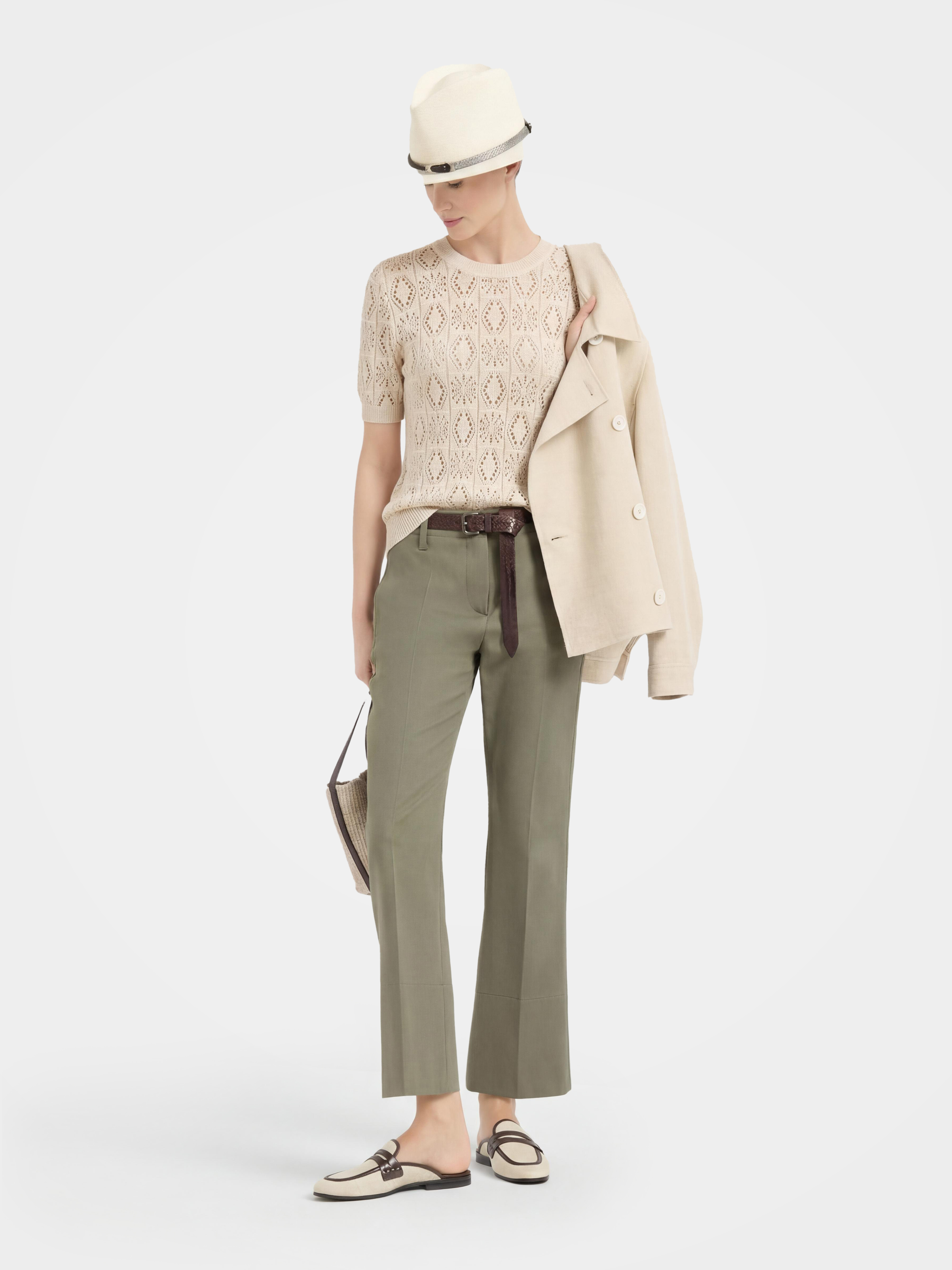 Breathable Cotton Silk Blend Diamond Pointelle Knit Top