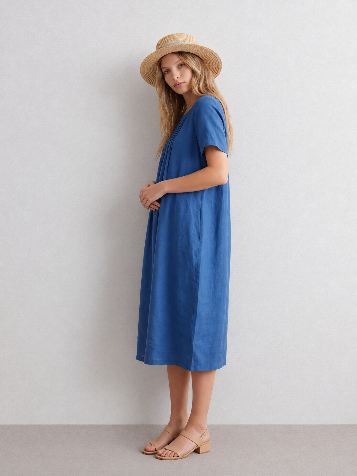 Blue Short Sleeve Midi Linen Cotton Dress